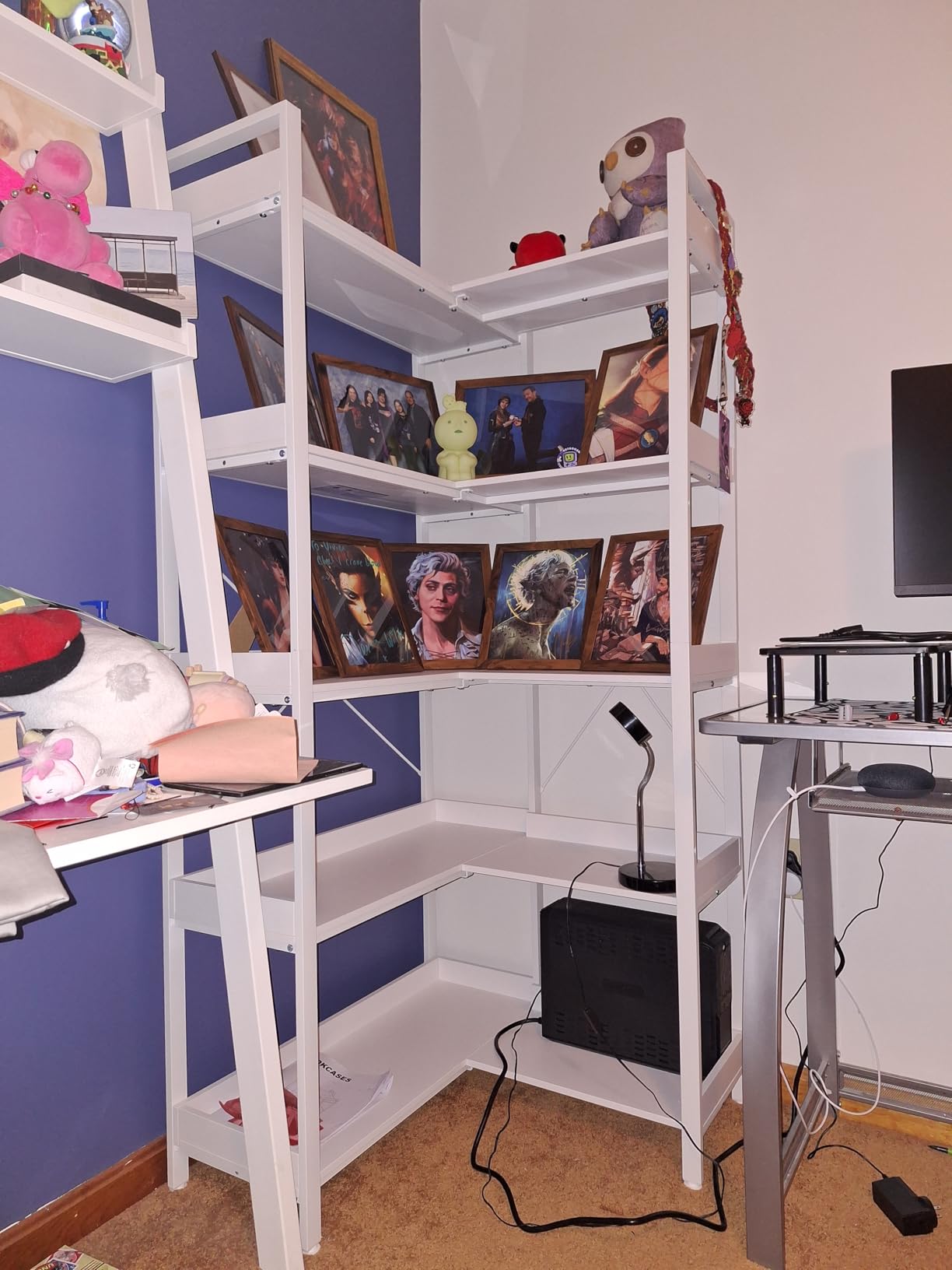 Rolanstar Bookshelf 5 Tier with 4 Hooks, Reversible Corner Bookshelf, 65