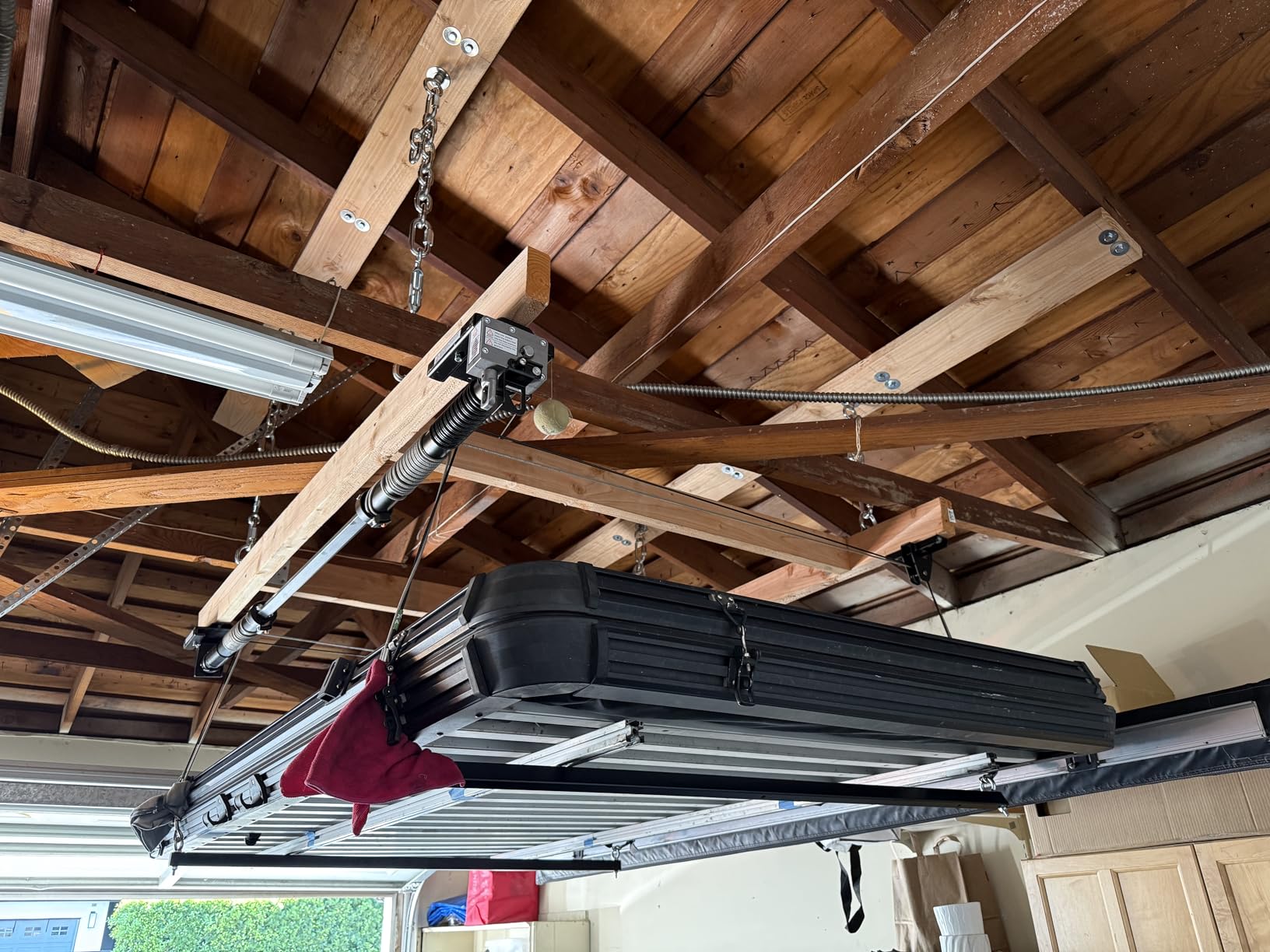 FLEXIMOUNTS GL1 Overhead Garage Lifting Storage Rack, 4x4 Ft Heavy-Duty Metal Garage Ceiling Rack, Adjustable Organization System With 71''L Axle, 300lbs Weight, Black - Customer Photo 1