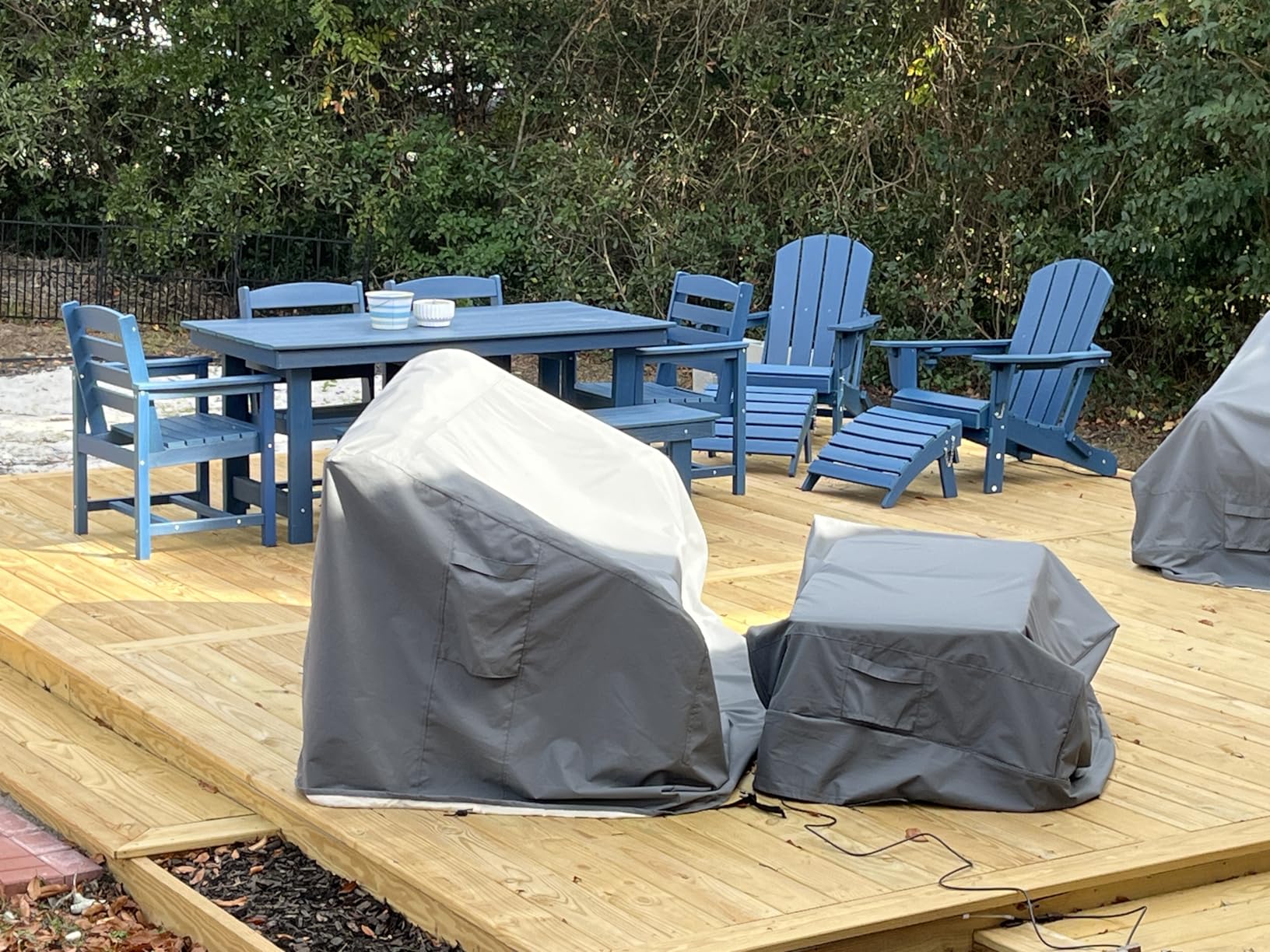 SERWALL 7-Piece Patio Dining Table Sets, Outdoor HDPE Dining Furniture Set with Umbrella Hole Cut-Out Table and 6 Chairs, Blue - Customer Photo 3