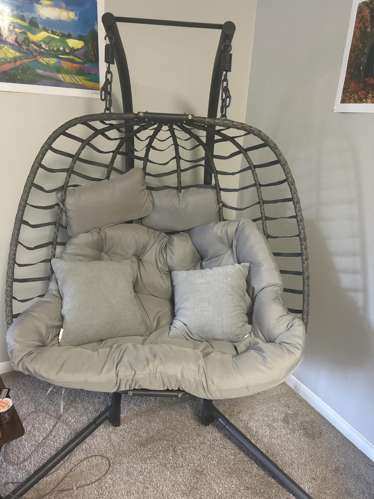 HWB Hanging Egg Chair with Stand, Patio Wicker Egg Swing Chair with Cushion for Bedroom Garden Indoor Outdoor (Grey) - Customer Photo 2