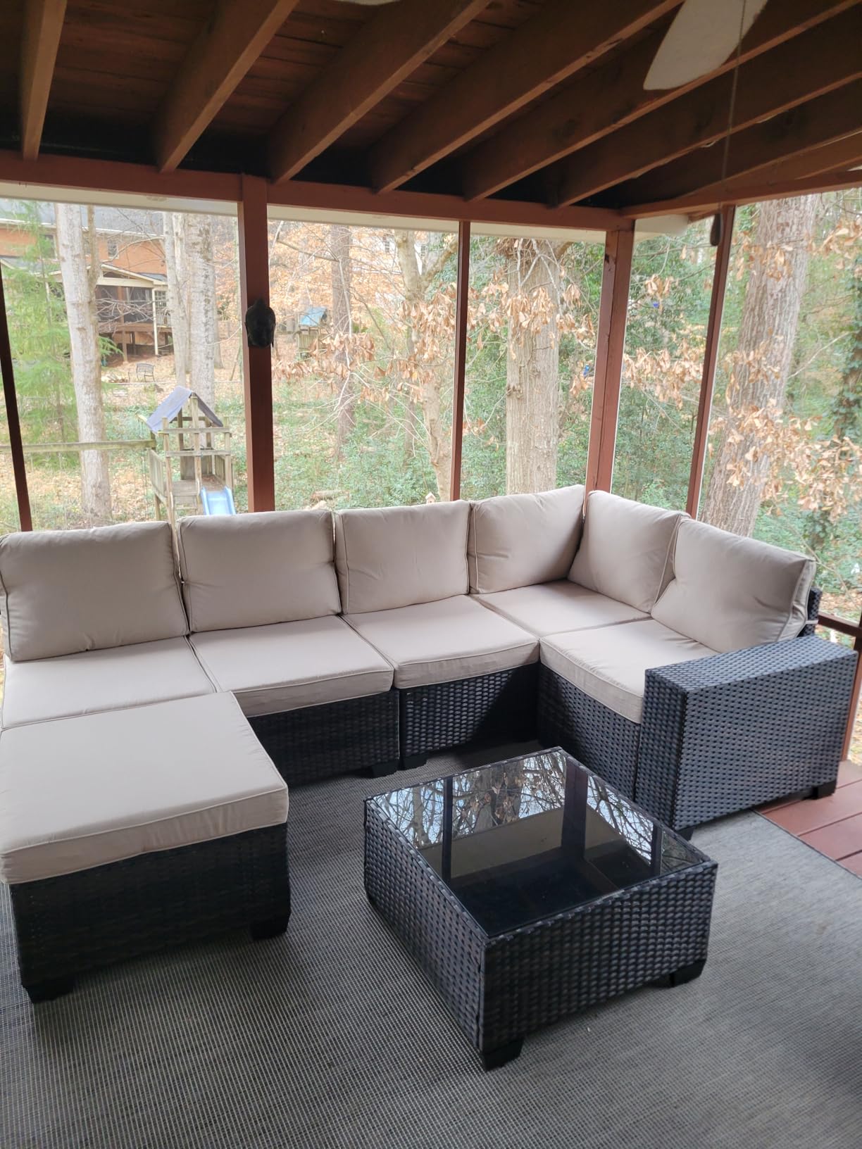 5 Pieces Patio Furniture Set All-Weather Outdoor Wicker Sectional Conversation Sofa Rattan Patio Seating Sofa with Cushion and Glass Table and Ottoman for Porch,Beige - Customer Photo 1