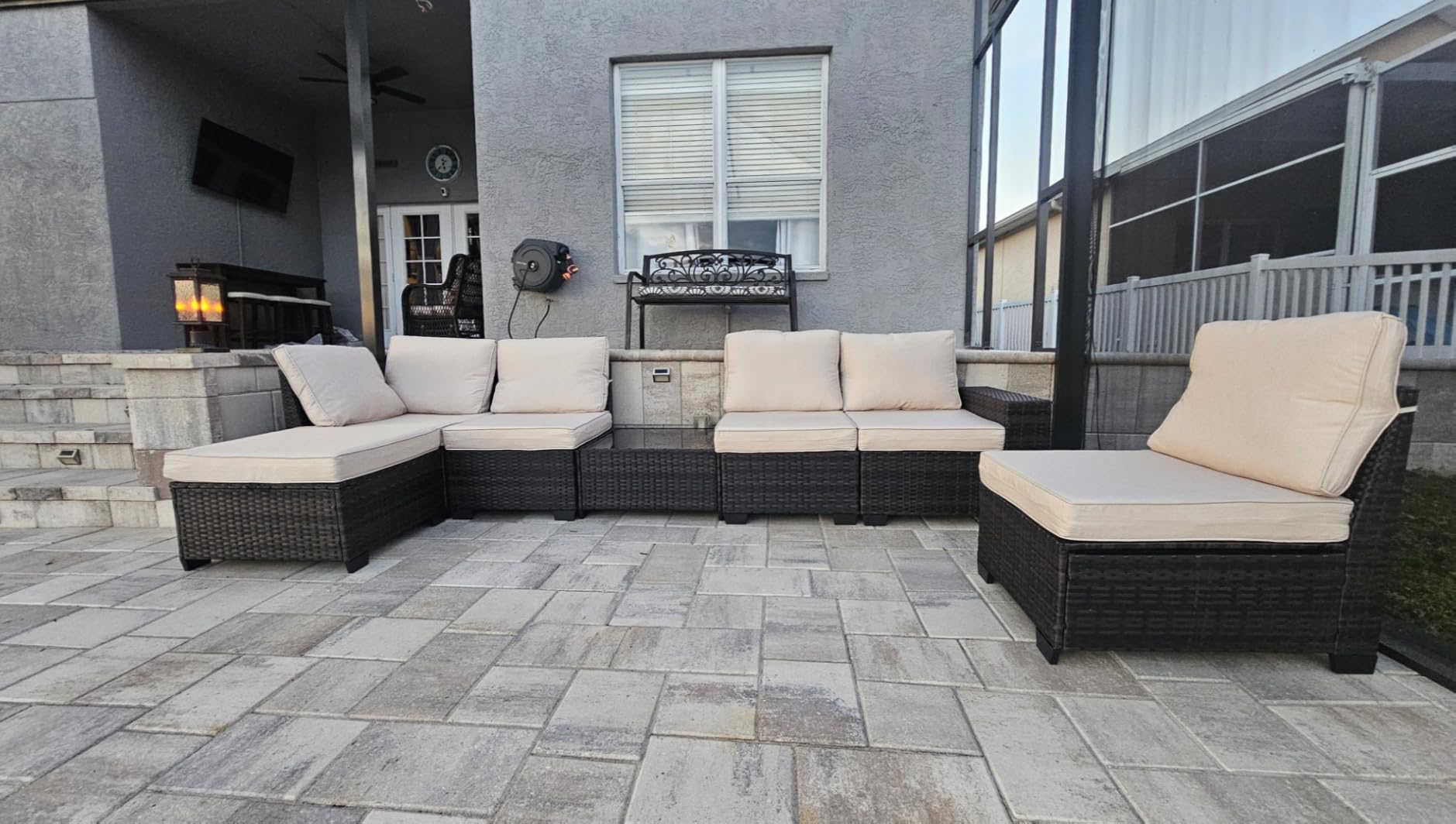 5 Pieces Patio Furniture Set All-Weather Outdoor Wicker Sectional Conversation Sofa Rattan Patio Seating Sofa with Cushion and Glass Table and Ottoman for Porch,Beige - Customer Photo 2