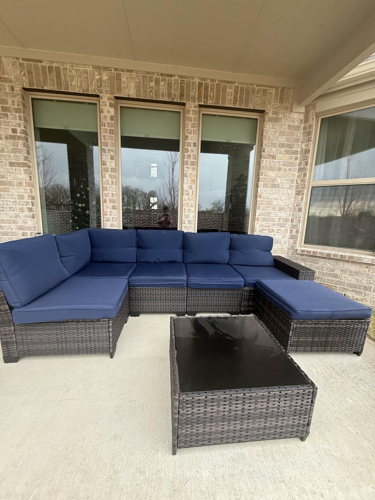 7 Pieces Patio Furniture Set All-Weather Outdoor Wicker Sectional Conversation Sofa Rattan Patio Seating Sofa with Cushion and Glass Table for Porch Poolside,Peacock Blue - Customer Photo 1