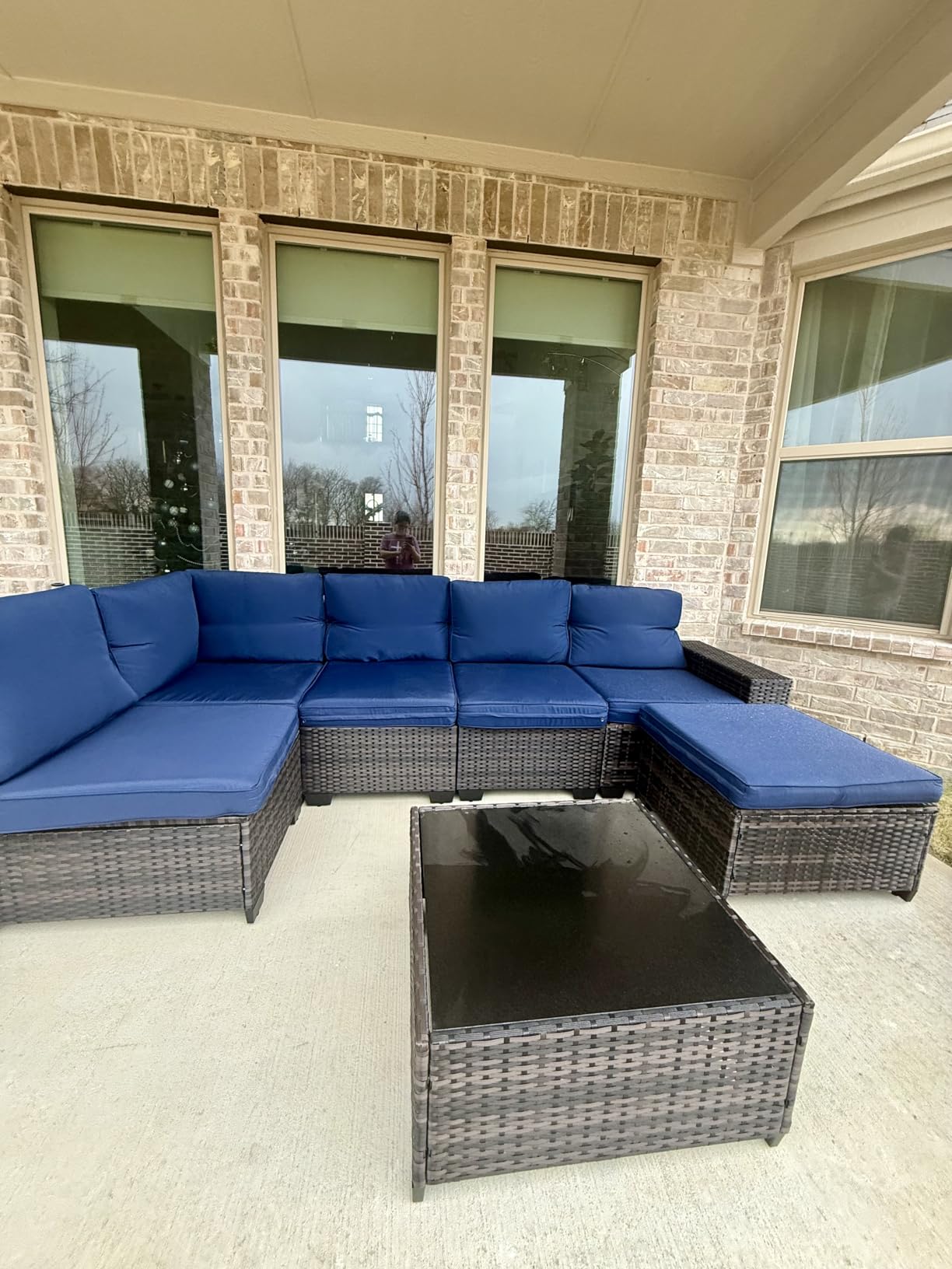 7 Pieces Patio Furniture Set All-Weather Outdoor Wicker Sectional Conversation Sofa Rattan Patio Seating Sofa with Cushion and Glass Table for Porch Poolside,Peacock Blue - Customer Photo 2