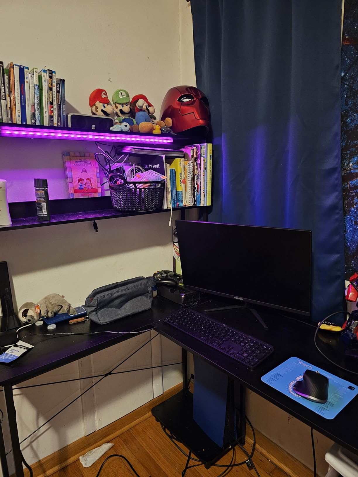 AODK L Shaped Desk Gaming Desk with LED Light & Power Outlet, 53 Inch Reversible L Shaped Computer Table with Shelf & Storage Bag & Hook for Home Office, Black - Customer Photo 1