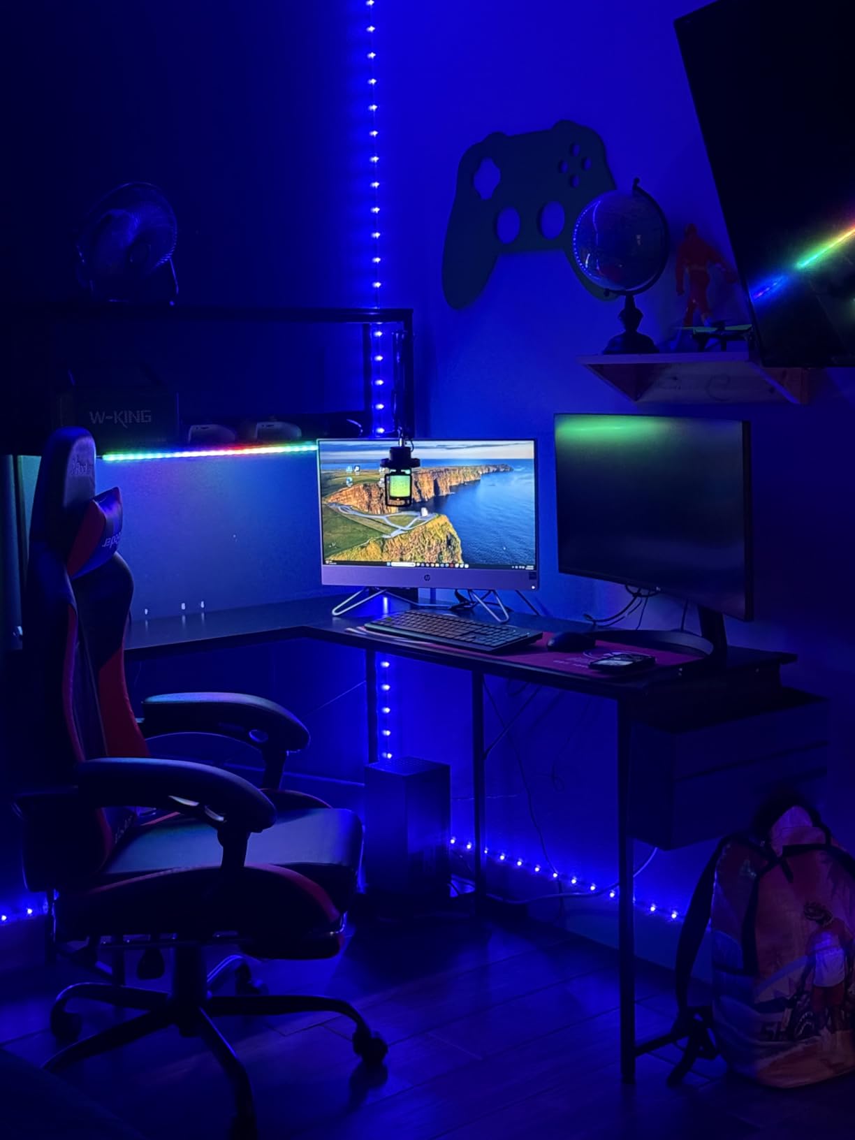 AODK L Shaped Desk Gaming Desk with LED Light & Power Outlet, 53 Inch Reversible L Shaped Computer Table with Shelf & Storage Bag & Hook for Home Office, Black - Customer Photo 2