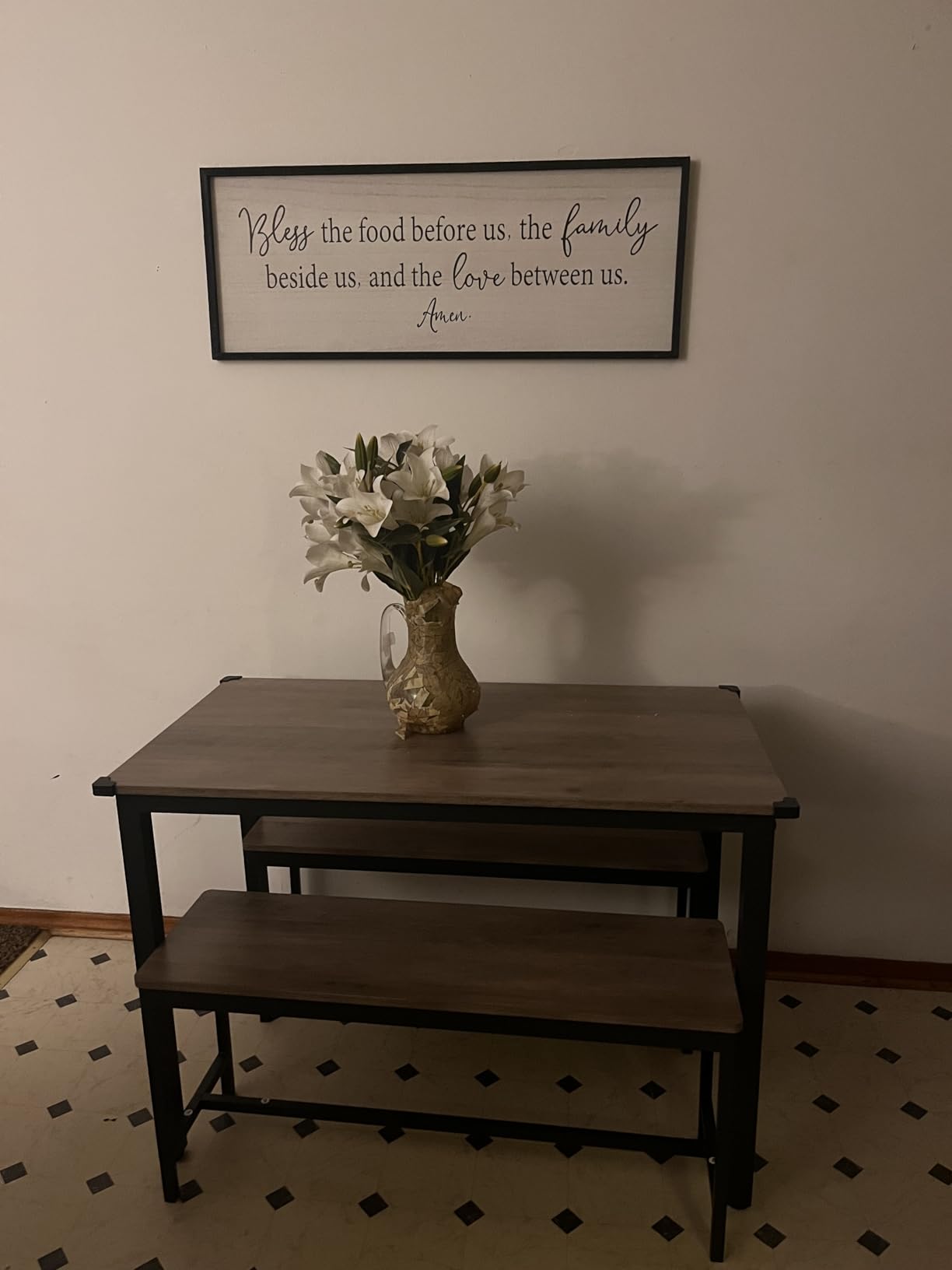 Sturdy Durable Dining Table Set for 4 with Bench, Easy to Assemble Kitchen Table with Bench, Space-Saving Ideal 4-Person Set for Daily Meals, brunches, or workspace,Grey Customer Review Sturdy Durable Dining Table Set for 4 with Bench, Easy to Assemble Kitchen Table with Bench, Space-Saving Ideal 4-Person Set for Daily Meals, brunches, or workspace,Grey - Customer Photo 1