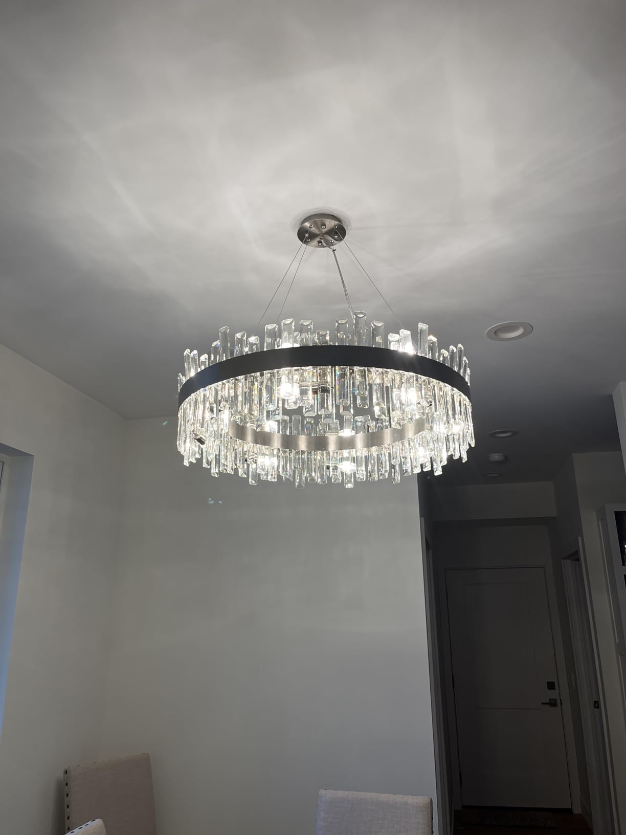 Siljoy Modern Crystal Chandelier for Dining Room, 12 Lights Luxury 2-Tiers K9 Crystal Chandelier Raindrop Pendant Ceiling Light for Living Room Kitchen Island Entry Foyer D23.6'', Brushed Nickel - Customer Photo 2