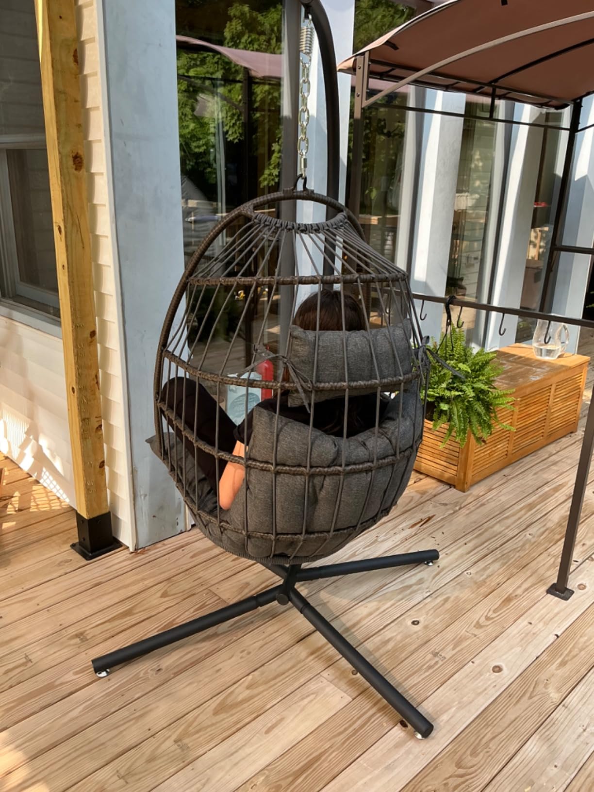 SereneLife Egg Chair with Stand - Hanging Rattan Wicker Swing for Indoor Outdoor Use - 350 lbs Capacity, Breathable Cushion & Headrest - Patio, Balcony, Porch, Bedroom Lounge Furniture - Customer Photo 2