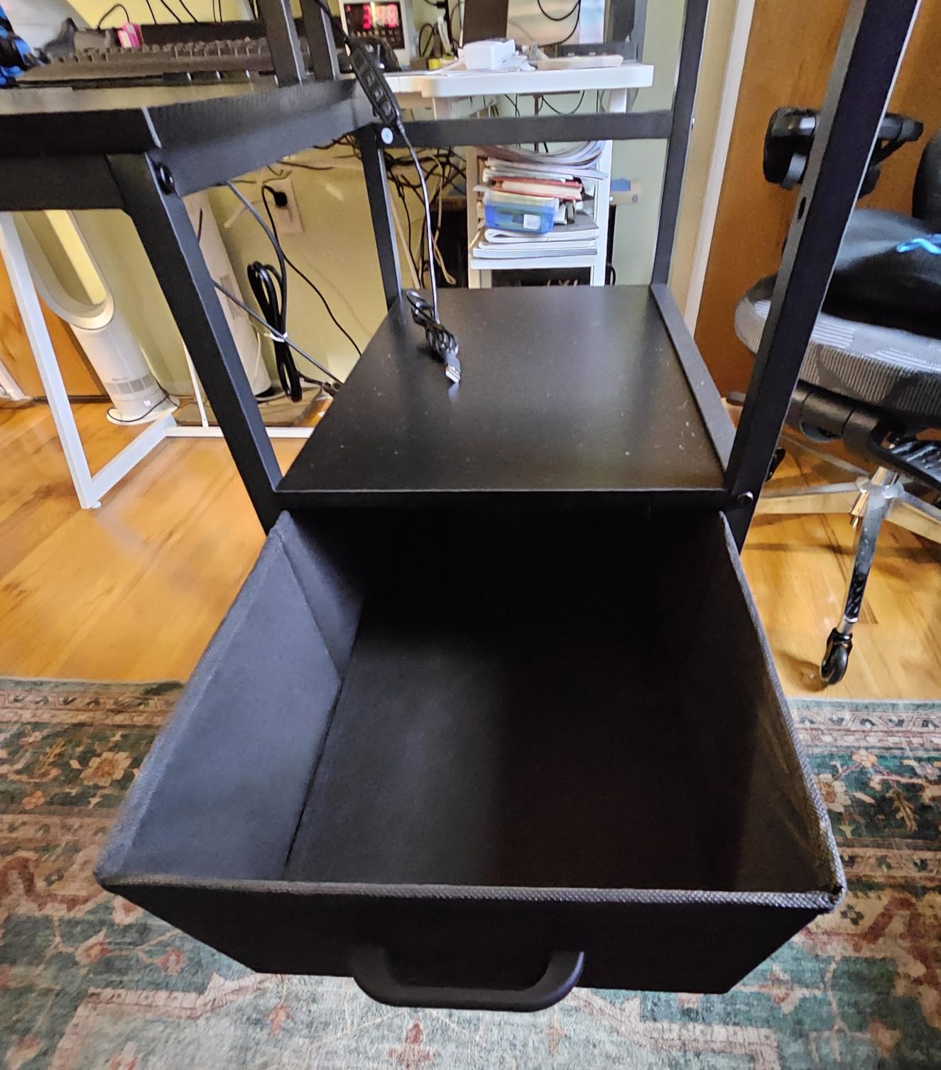 AODK 59 Inch Gaming Desk with USB Charging Ports & LED Light- Reversible Computer Desk with Storage Shelves & Monitor Stand, Modern Gamer Desk Table with Fabric Drawers & Side Hook, Carbon Fiber Black - Customer Photo 1