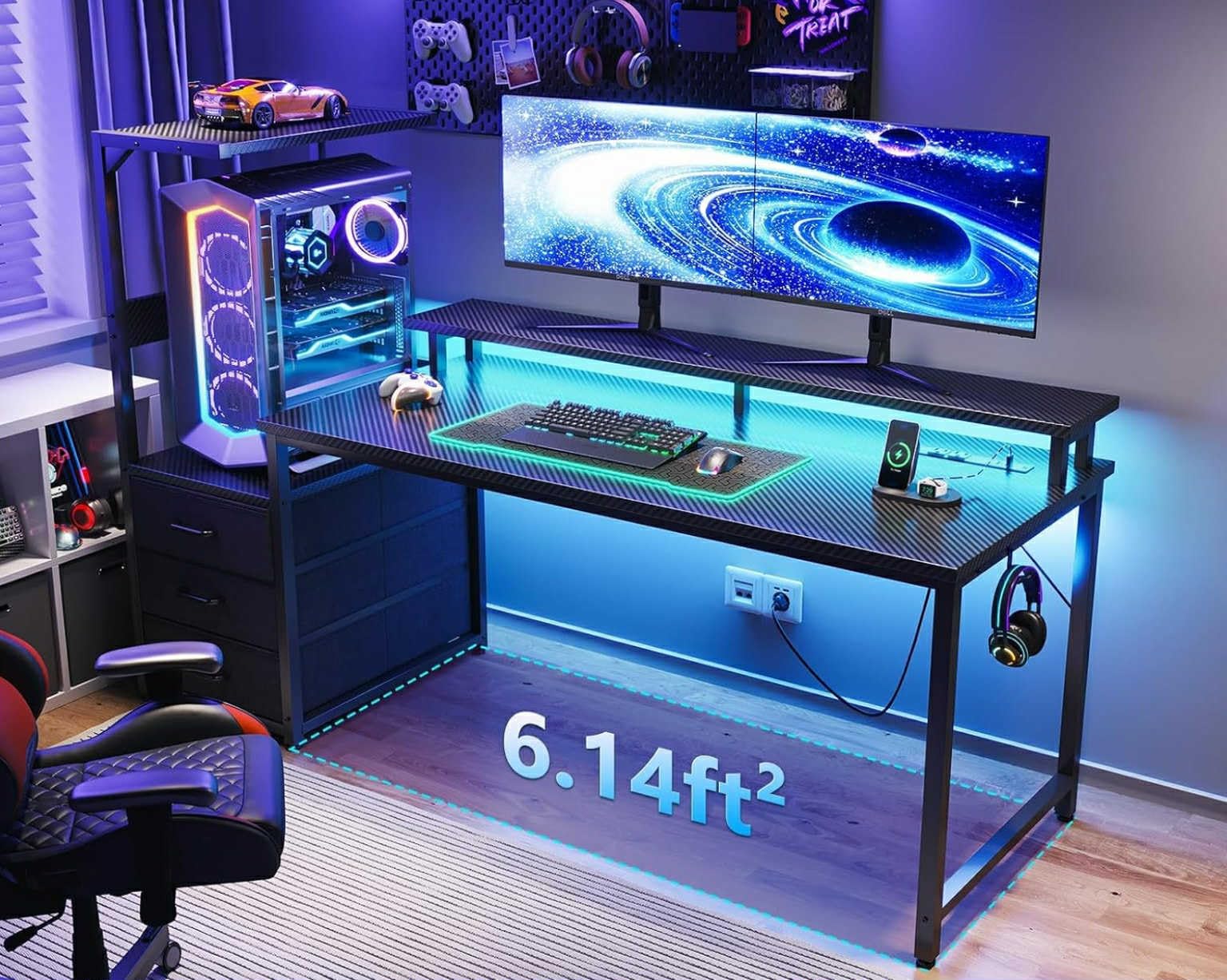 AODK 59 Inch Gaming Desk with USB Charging Ports & LED Light- Reversible Computer Desk with Storage Shelves & Monitor Stand, Modern Gamer Desk Table with Fabric Drawers & Side Hook, Carbon Fiber Black - Customer Photo 2