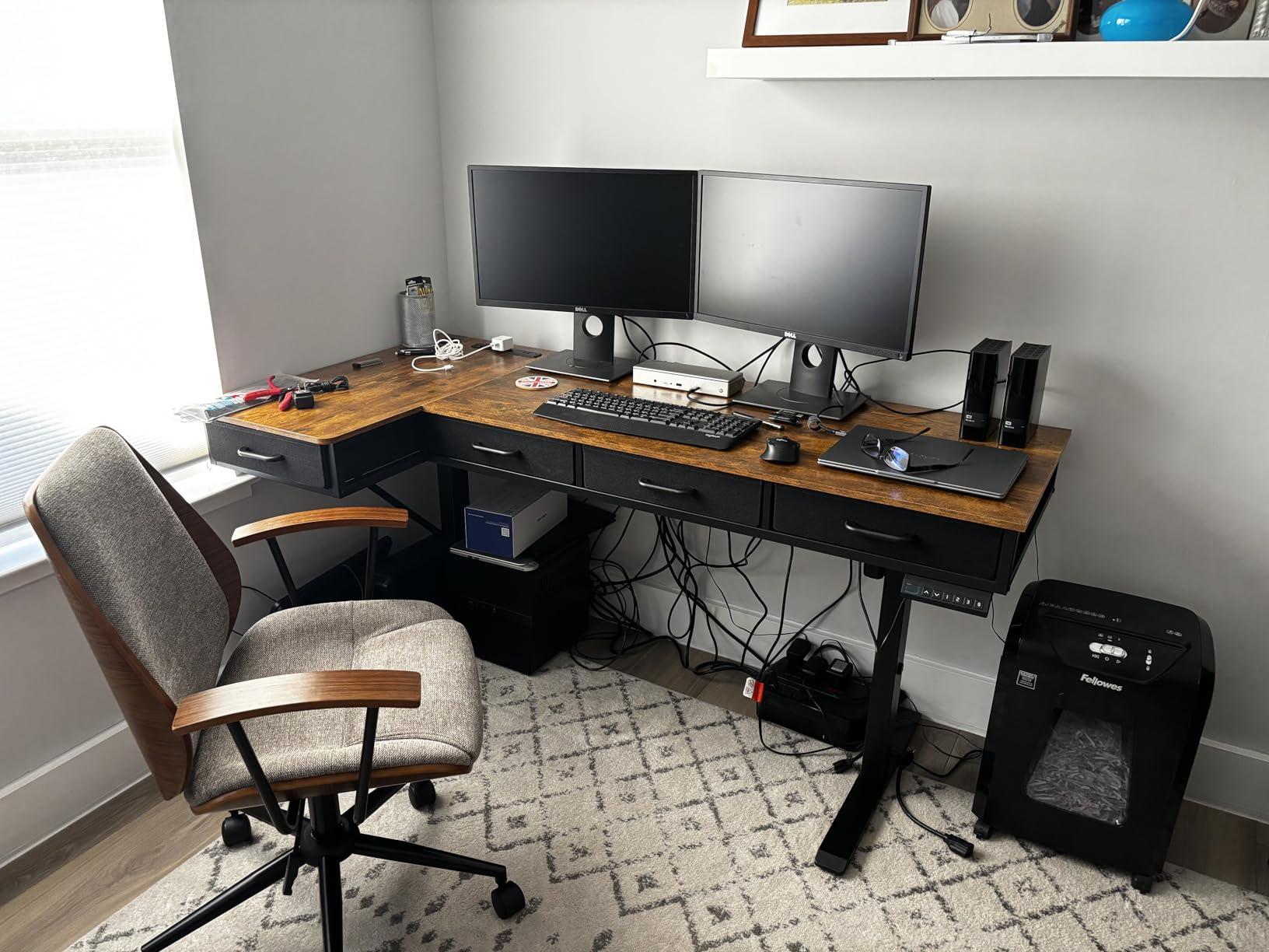 OffiGo 63 Inch L Shaped Electric Standing Desk with Drawers, Height Adjustable Large Desk with Power Outlets, Sit Stand Table, Writing Computer Desk for Home, Office, Workstation, Rustic Brown - Customer Photo 1