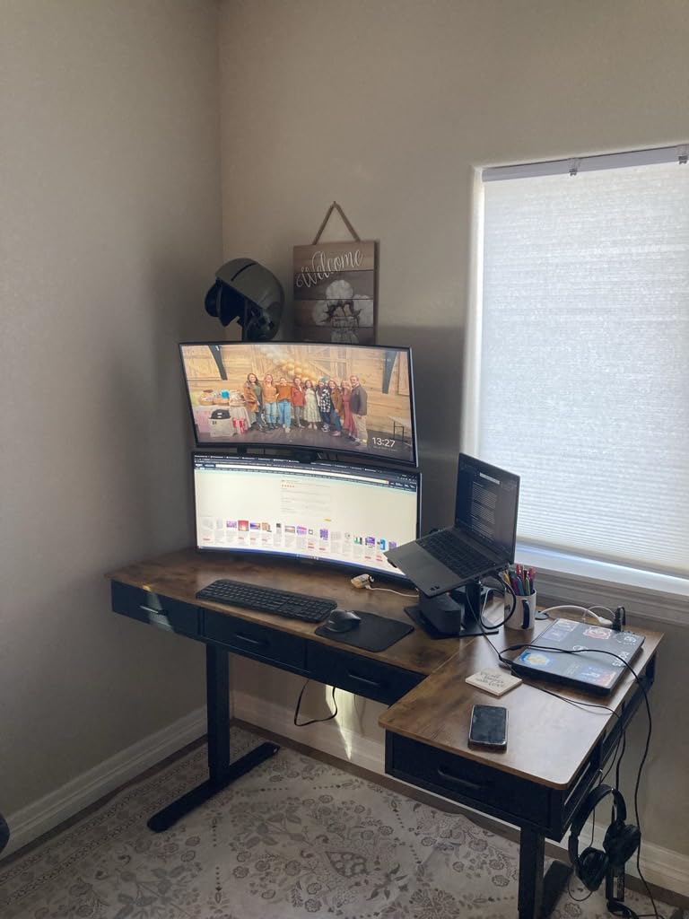 OffiGo 63 Inch L Shaped Electric Standing Desk with Drawers, Height Adjustable Large Desk with Power Outlets, Sit Stand Table, Writing Computer Desk for Home, Office, Workstation, Rustic Brown - Customer Photo 2