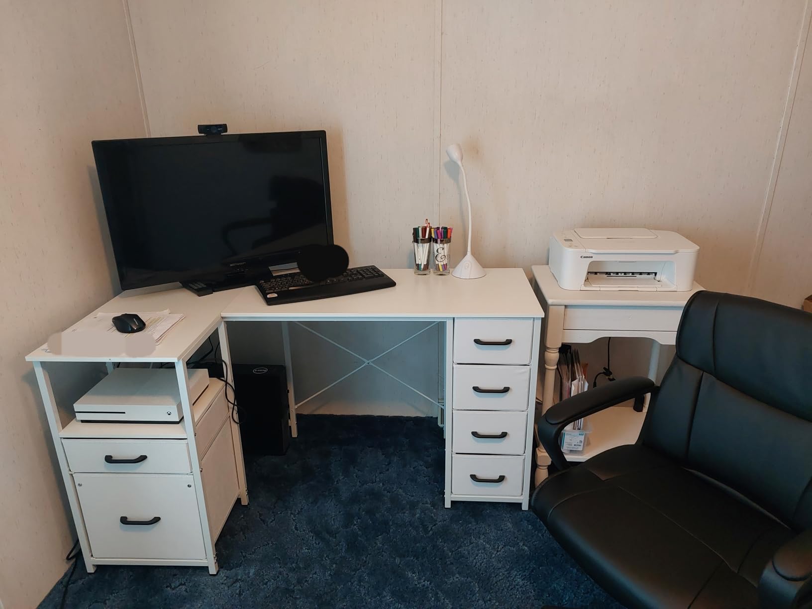 Coleshome L Shaped Computer Desk with 6 Drawers & Power Outlet, 55 Inch Corner Desk with Reversible Storage Shelf & File Drawer, Home Office Desk, White - Customer Photo 2