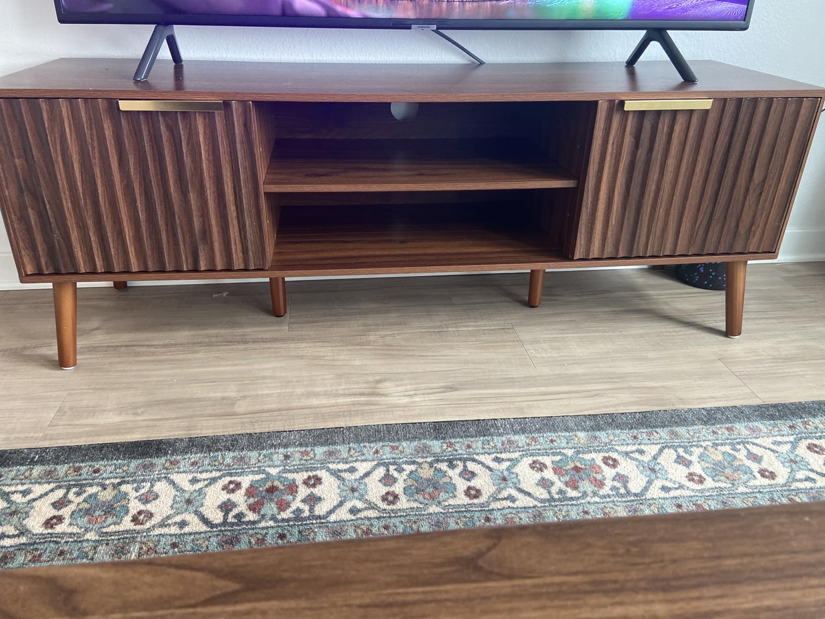 TV Stand for Living Room, Mid Century Modern Entertainment Center for 55/60 inch TVs, TV Console with Fluted Door Cabinets and Open Shelves, for Bedroom, Walnut - Customer Photo 1