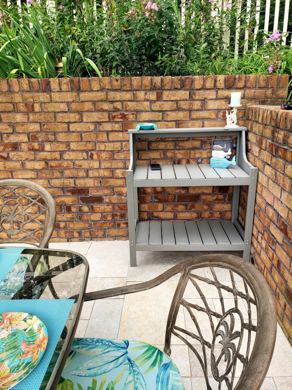 ONBRILL Potting Bench Table, HDPS Potting Bench with 4 Side Hooks, All-Weather Garden Table Work Station, Outdoor Potting Table for Porch, No Rust, No Fade, No Break, 360lbs Capacity (Teak, Large) - Customer Photo 2