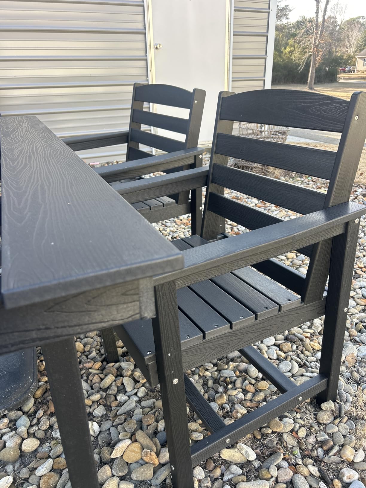 SERWALL Outdoor Dining Set for 6, HDPE Outdoor Furniture with Umbrella Hole & 1 Cushioned Bench & 4 Outdoor Dining Chairs, Blue - Customer Photo 2