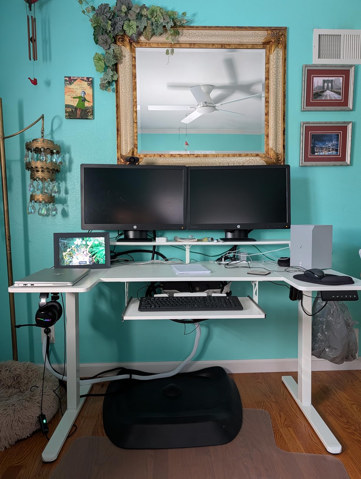 OffiGo U Shaped Electric Standing Desk with Keyboard Tray, 55 Inch Height Adjustable Desk with Power Outlets & LED Lights, Sit Stand Table with Monitor Stand for Home, Office, White - Customer Photo 1