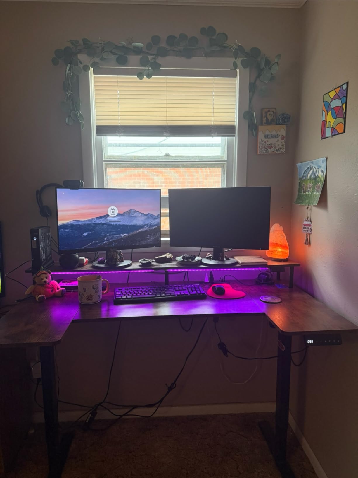 OffiGo U Shaped Electric Standing Desk with Keyboard Tray, 55 Inch Height Adjustable Desk with Power Outlets & LED Lights, Sit Stand Table with Monitor Stand for Home, Office, White - Customer Photo 2