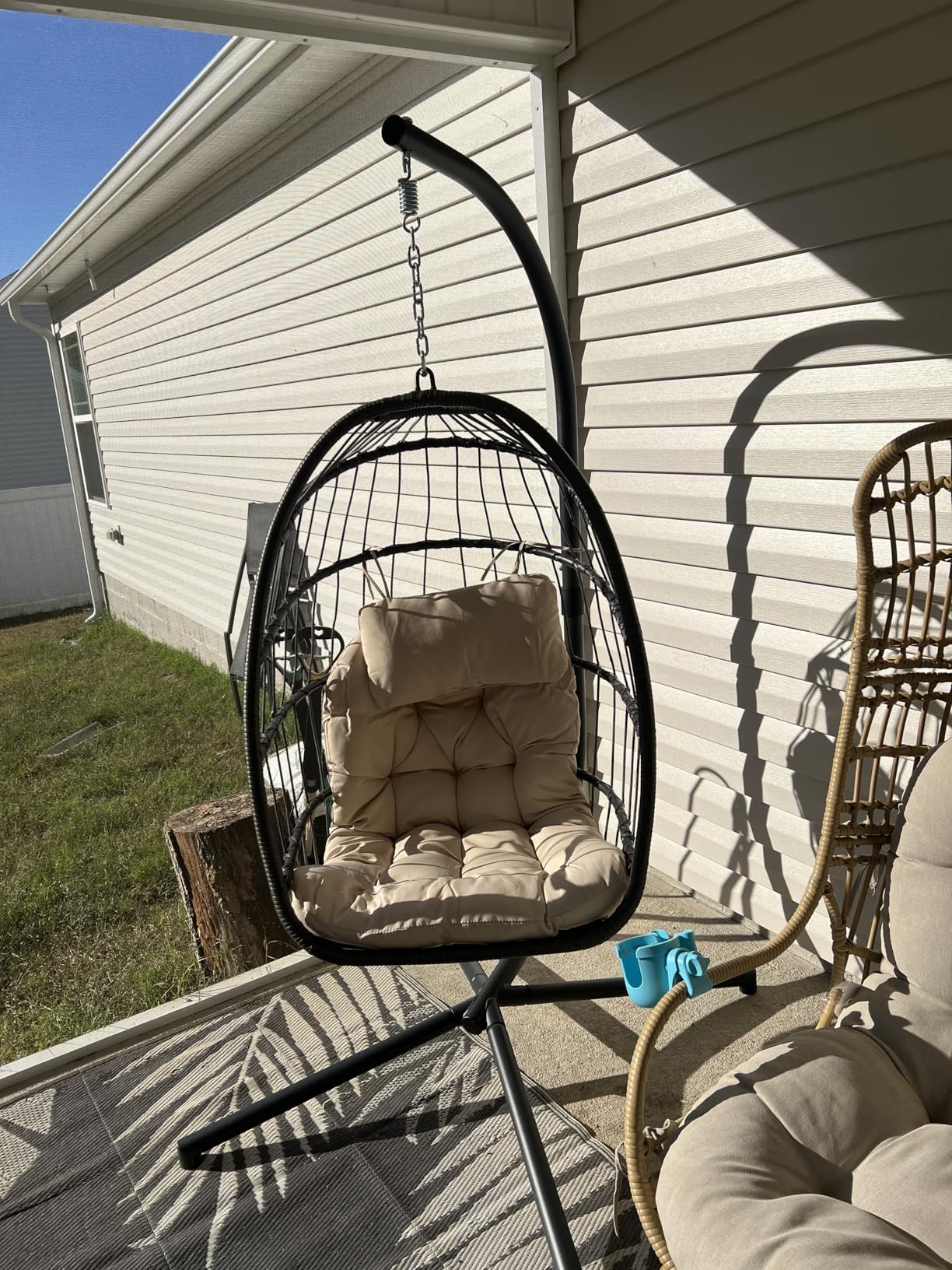 SWITTE Egg Chair Outdoor with Stand, Indoor Wicker Hanging Egg Swing Chair with Cushion, 350lbs Capacity for Patio, Bedroom, Garden - Dark Grey - Customer Photo 1