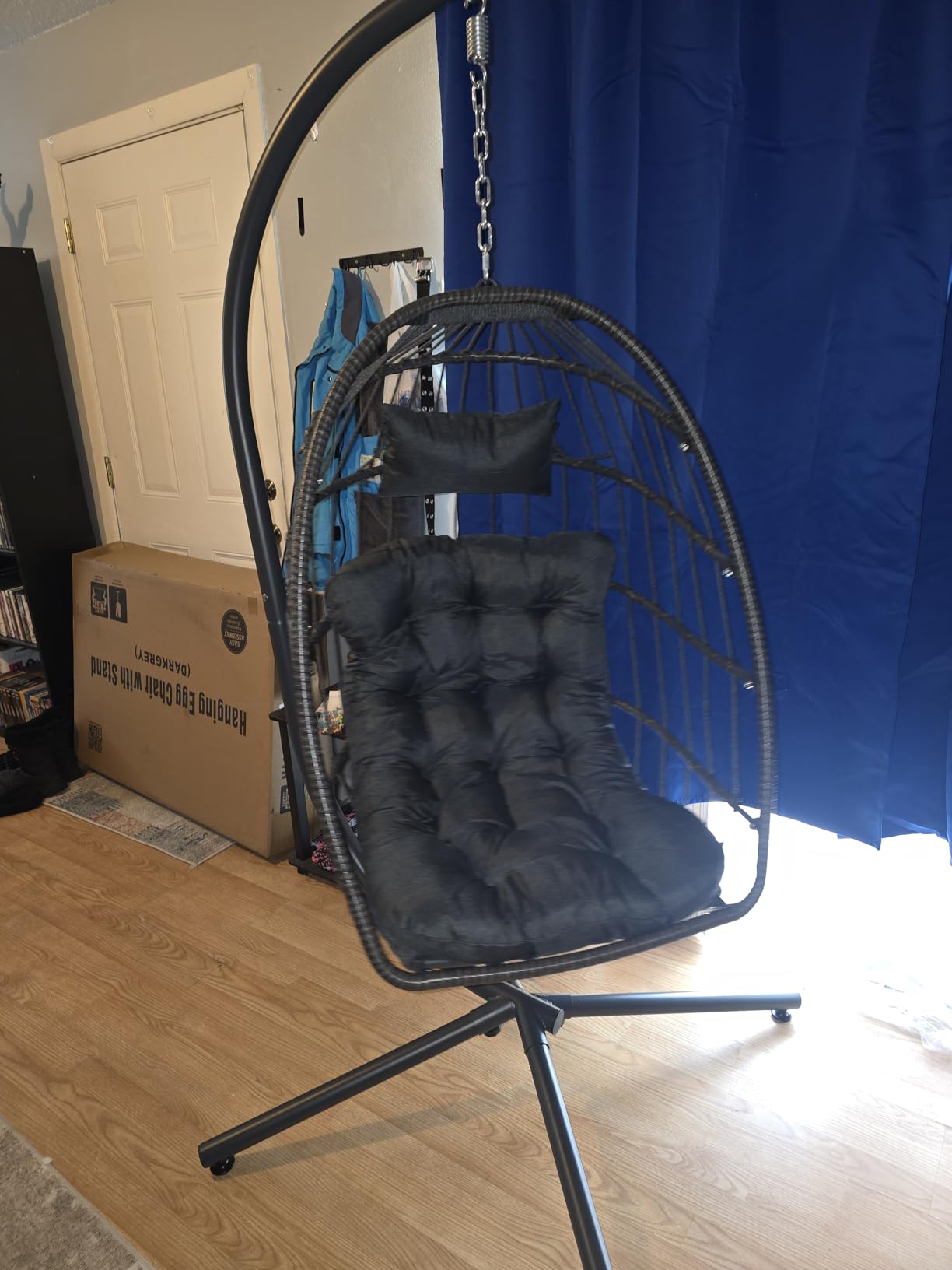 SWITTE Egg Chair Outdoor with Stand, Indoor Wicker Hanging Egg Swing Chair with Cushion, 350lbs Capacity for Patio, Bedroom, Garden - Dark Grey - Customer Photo 2