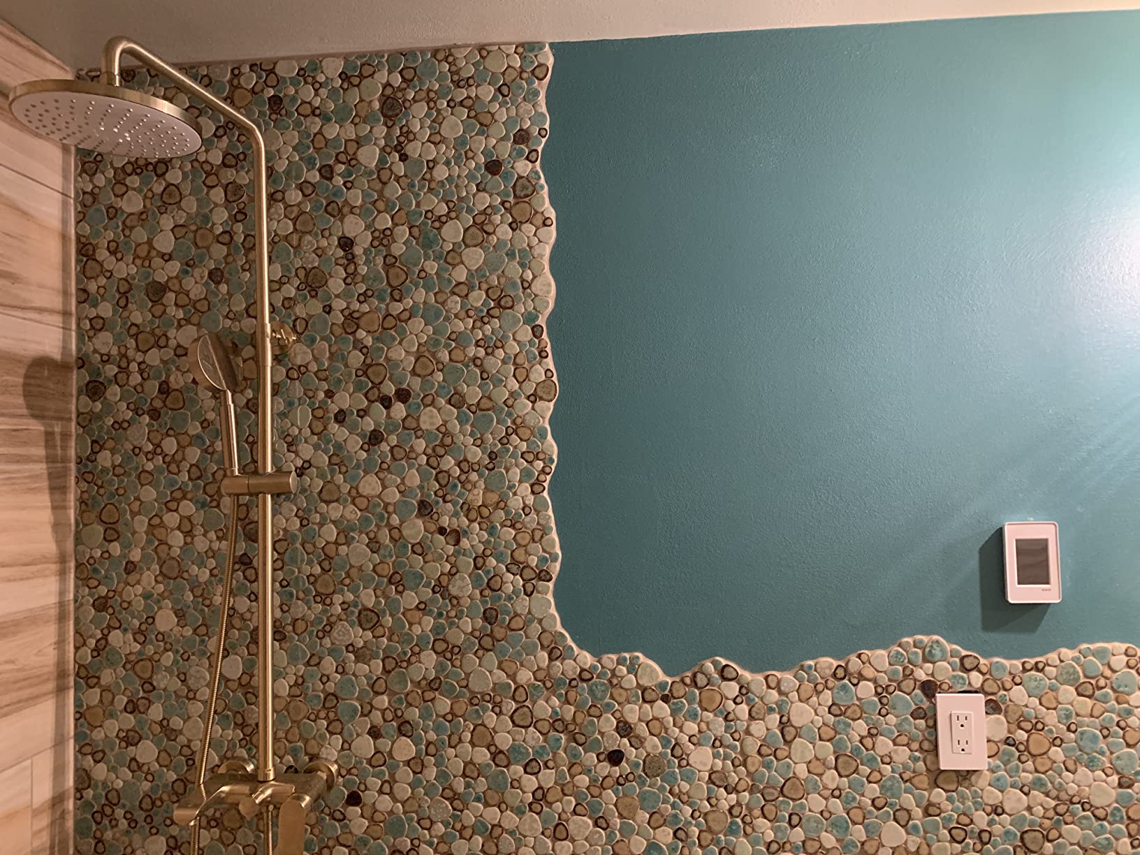 Hominter Pebble Porcelain Mosaic Glossy Mixed Aqua, Cream & Coffee Glazed Ceramic Tile for Bathroom, Shower Floor, Accent Wall, Spa Decor (5 Square Feet) - Customer Photo 3