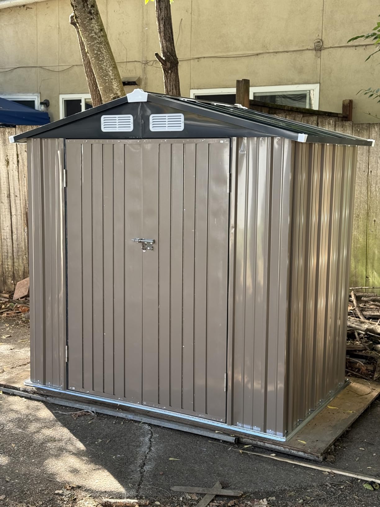 Aoxun 6.2x4 FT Shed Outdoor Storage Shed with Lockable Doors & Slooping Roof Metal Garden Tool Shed for Backyard, Patio, Poolside (Brown) Customer Review Aoxun 6.2x4 FT Shed Outdoor Storage Shed with Lockable Doors & Slooping Roof Metal Garden Tool Shed for Backyard, Patio, Poolside (Brown) - Customer Photo 2