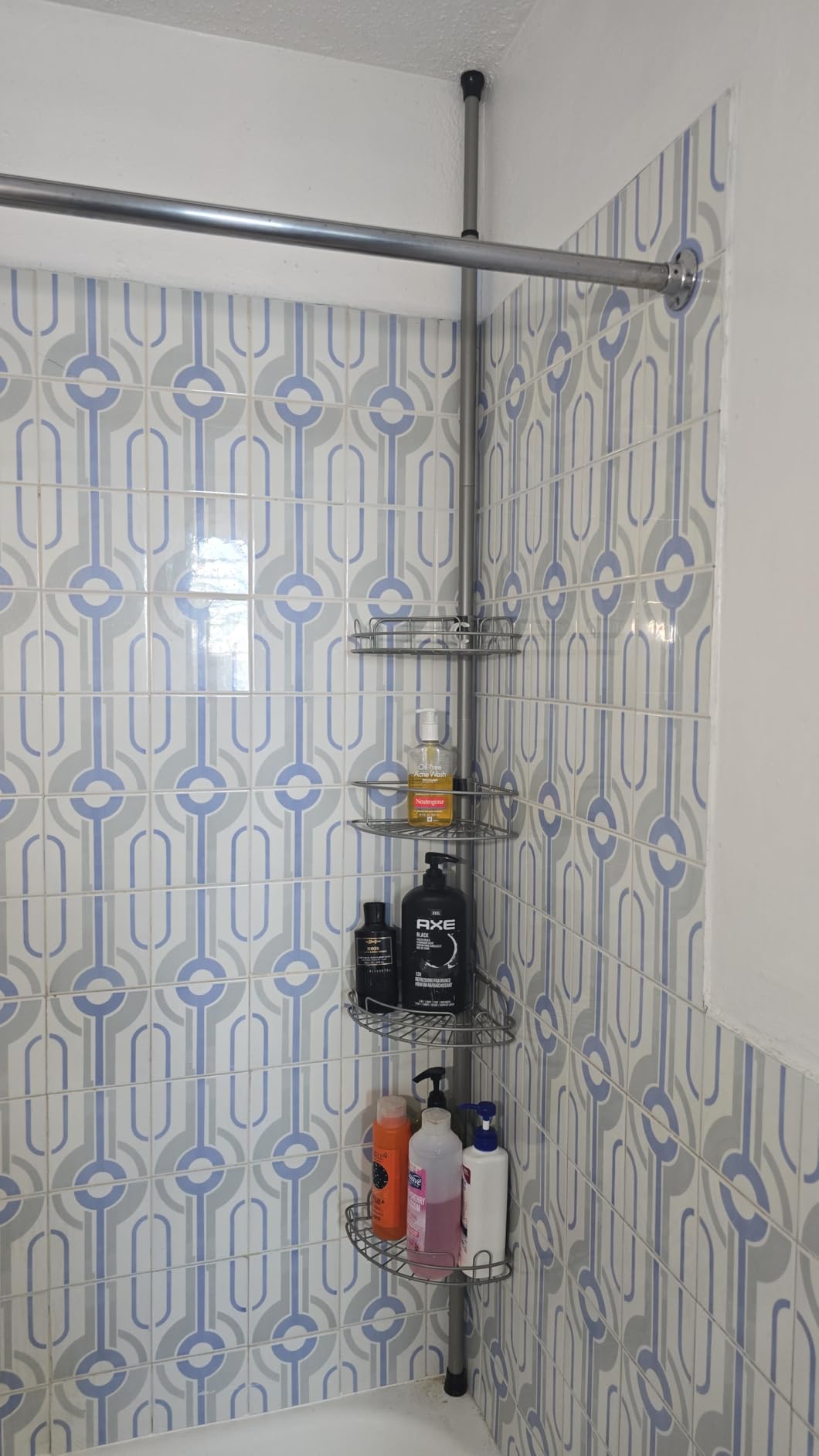 HAMITOR Corner Shower Caddy Tension Pole: 4-Tier Rust-Resistant Adjustable Bathroom Organizer Shelves - 47-121 Inch No-Drill Quick Installation - Space-Saving Storage for Renters Family - Silver Gray - Customer Photo 2