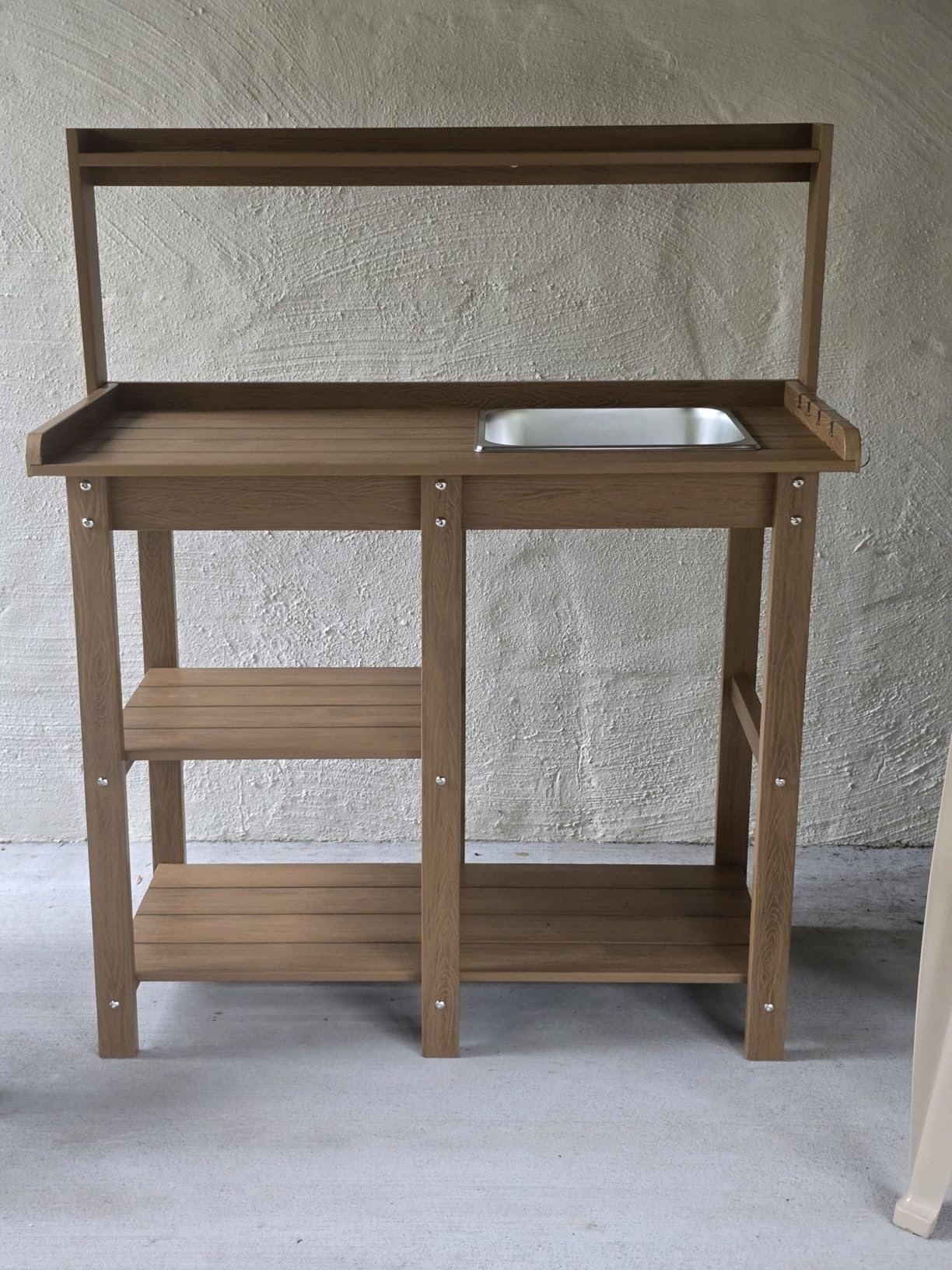 ONBRILL Potting Bench, Outdoor Potting Bench Table with Removable Sink, HDPS Potting Benches for Outside, Garden Table with Storage Shelves & 4 Side Hooks, No Rot, No Fade, No Break, 360lbs Capacity - Customer Photo 1