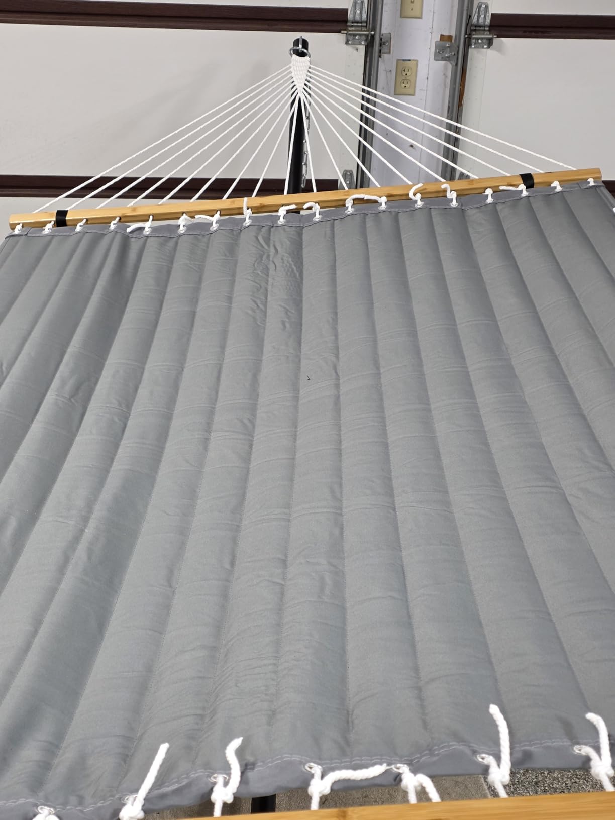 Double Hammock with Stand for Outdoor, Heavy Duty Portable Hammock with Adjustable Steel Stand for Patio, Garden, Beach, Backyard - Includes Carrying Bag,White Grey Customer Review Double Hammock with Stand for Outdoor, Heavy Duty Portable Hammock with Adjustable Steel Stand for Patio, Garden, Beach, Backyard - Includes Carrying Bag,White Grey - Customer Photo 2