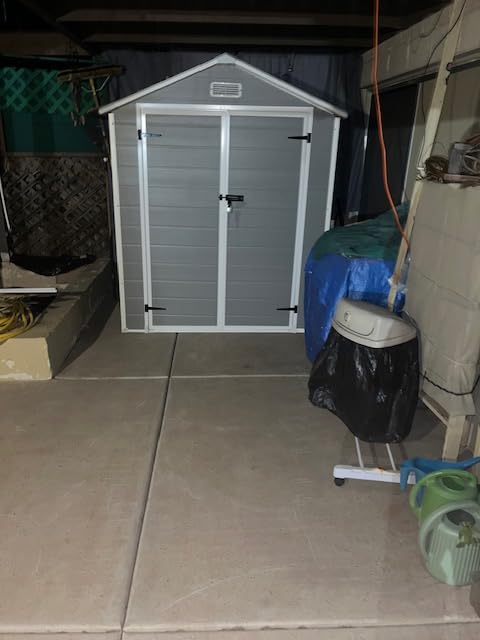 UDPATIO Outdoor Resin Storage Shed 6x4.5 FT, Plastic Garden Shed for Bike, Garbage Can, Tool, Outside Sheds with Lockable Door for Backyard, Patio, Lawn, Grey & White Customer Review UDPATIO Outdoor Resin Storage Shed 6x4.5 FT, Plastic Garden Shed for Bike, Garbage Can, Tool, Outside Sheds with Lockable Door for Backyard, Patio, Lawn, Grey & White - Customer Photo 1