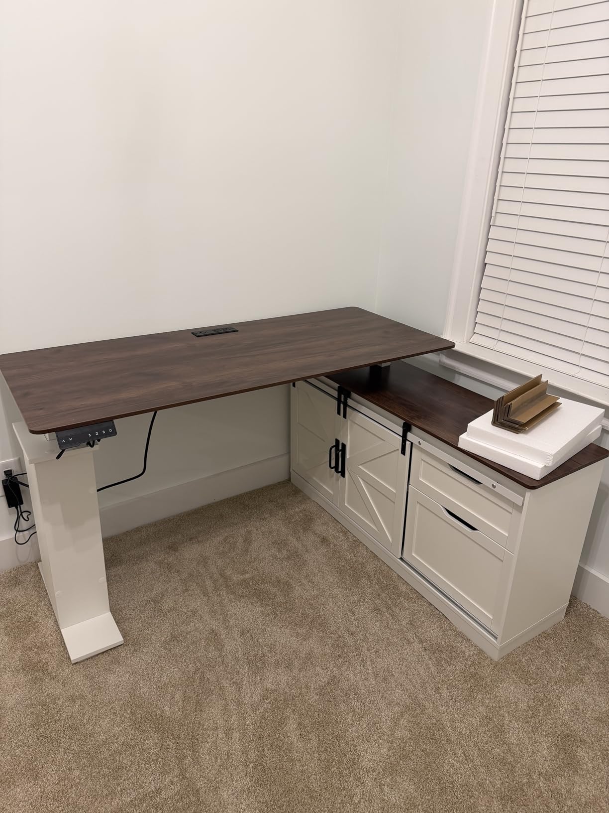 SEDETA Farmhouse L Shaped Standing Desk, 55 inch Height Adjustable Corner Desk with Storage Drawers, Standing Computer Desks with Power Outlets for Home Office, White - Customer Photo 1