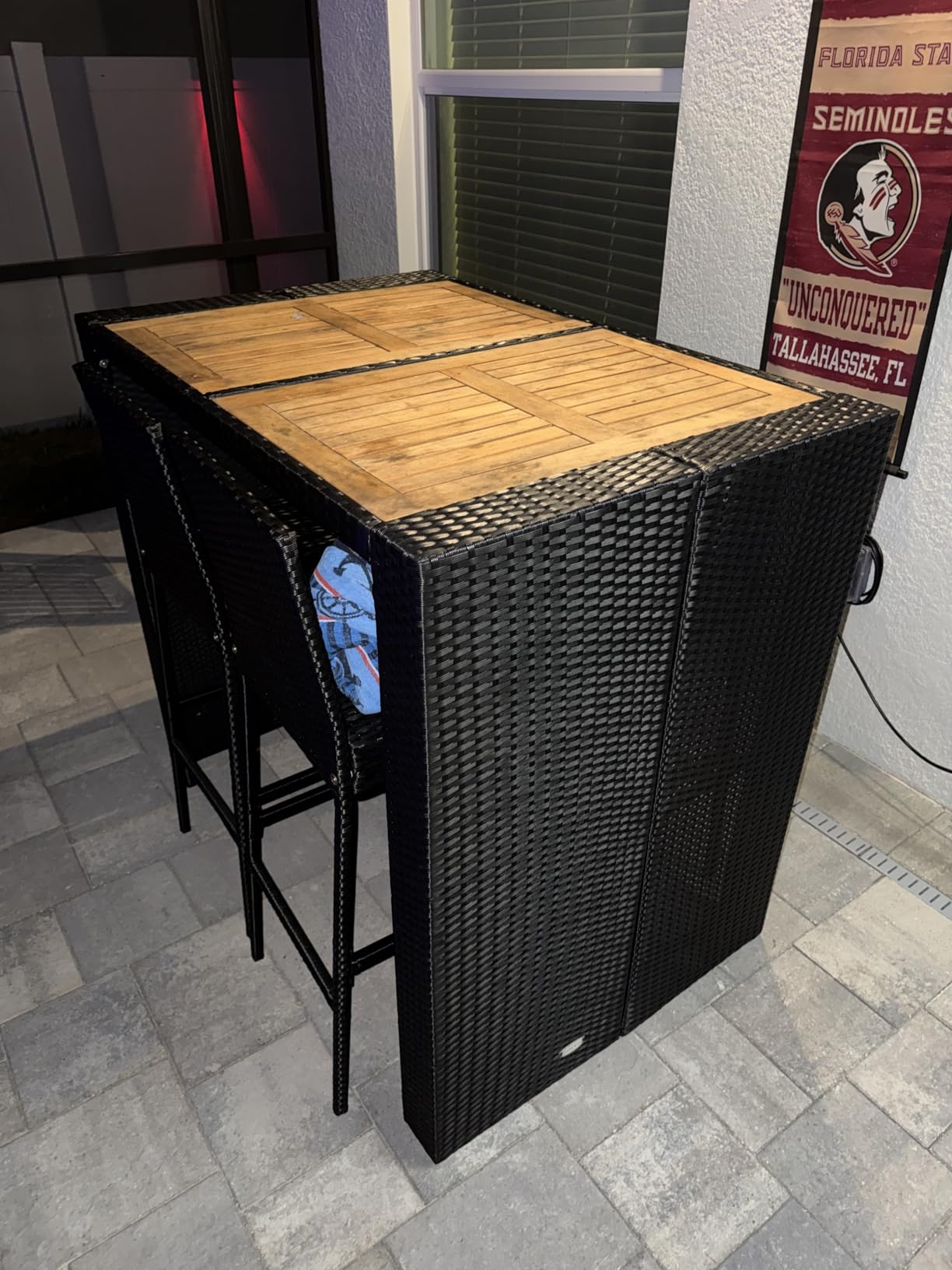 RELAX4LIFE 7-Piece Outdoor Bar Set - Wicker Rattan Bar Height Dining Table w/Acacia Wood Top & 6 Bar Stools Chairs w/Seat Cushions, Backrest, Footrest, Outside Patio Bistro Set for Backyard (73'') Customer Review RELAX4LIFE 7-Piece Outdoor Bar Set - Wicker Rattan Bar Height Dining Table w/Acacia Wood Top & 6 Bar Stools Chairs w/Seat Cushions, Backrest, Footrest, Outside Patio Bistro Set for Backyard (73'') - Customer Photo 1