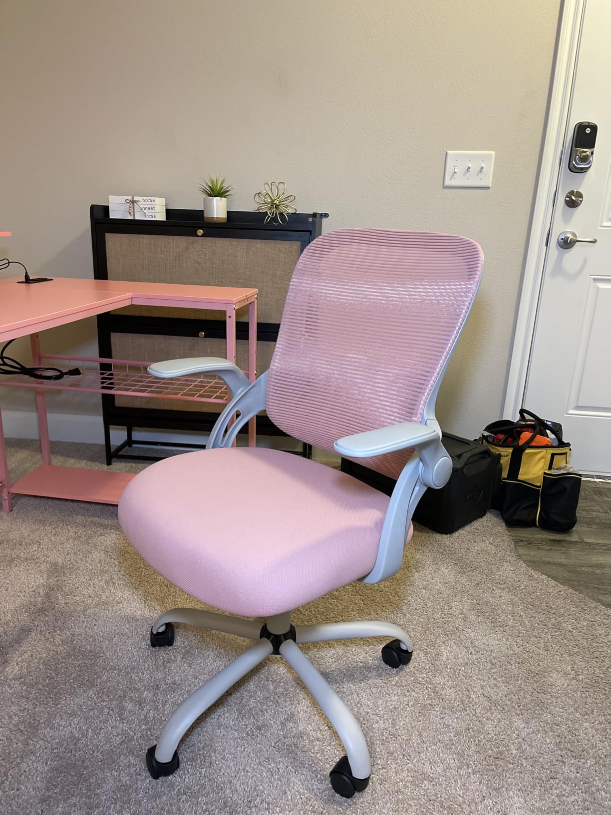 Sweetcrispy Office Computer Desk Chair, Ergonomic Mid-Back Mesh Rolling Work Swivel Task Chairs with Wheels, Comfortable Lumbar Support, Comfy Flip-up Arms for Home, Bedroom, Study, Student, Black - Customer Photo 2