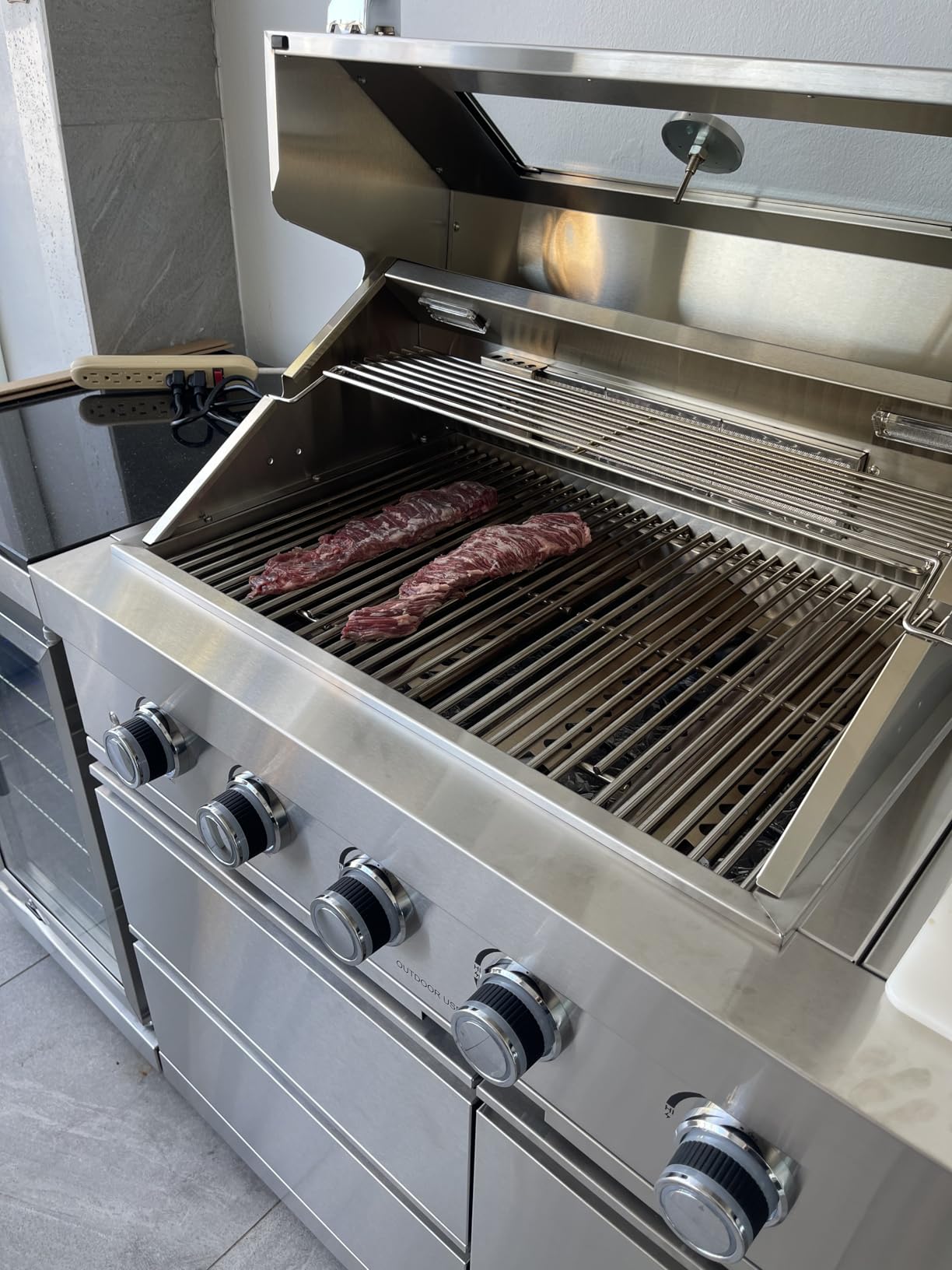 85 Inch 4-Burner 72000 BTU Deluxe Stainless Steel Propane Gas Outdoor Kitchen Barbecue Island Grill, Wine Cooler Compact Refrigerator, Rotisserie Kit, Granite Countertops, Stainless Steel Sink, Black - Customer Photo 1