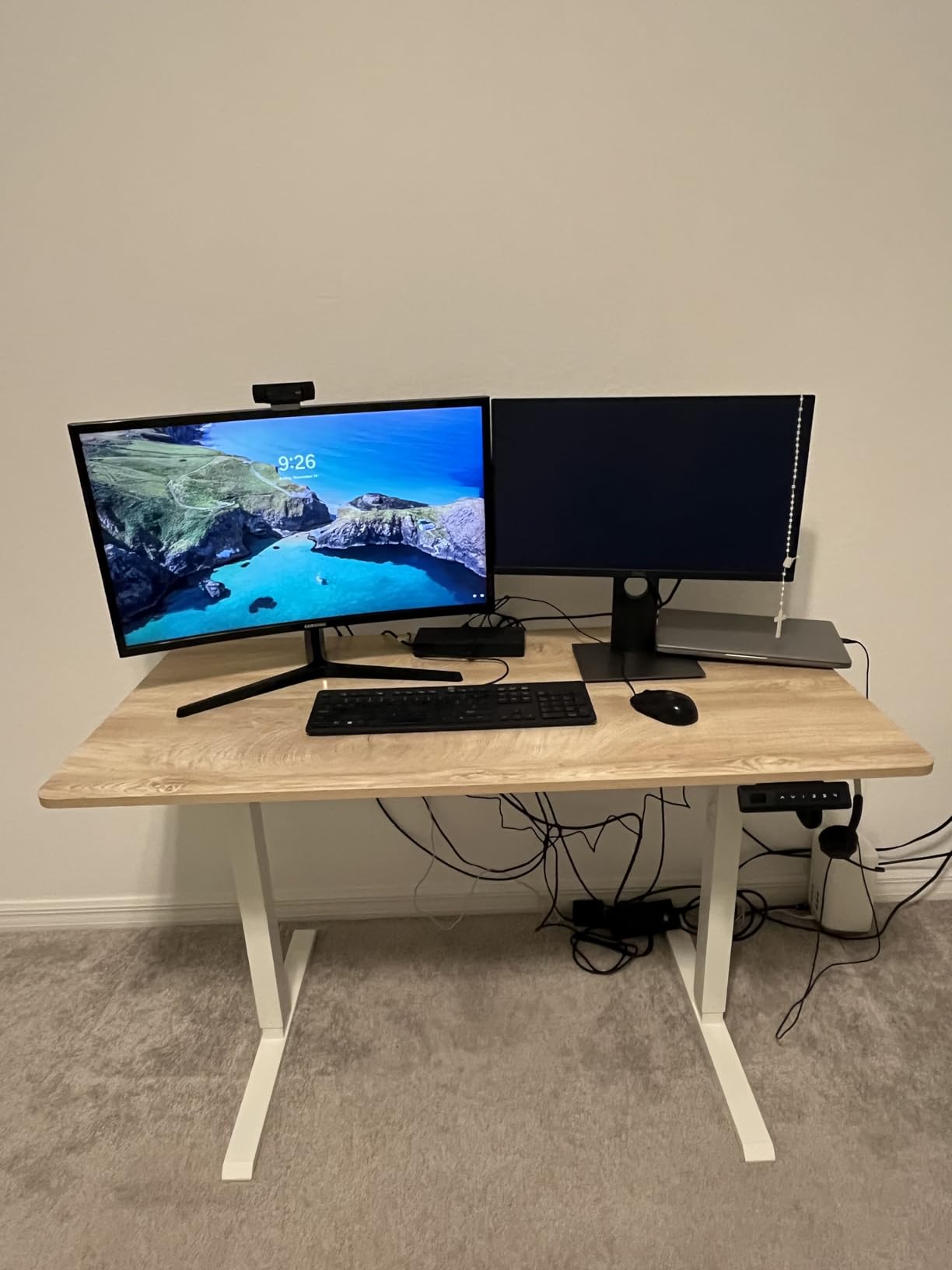 FEZIBO Standing Desk, 48 × 24 Inches Electric Height Adjustable, Sit and Stand Up, Computer Office Desk with Splice Board, White Frame/Maple TOP - Customer Photo 2