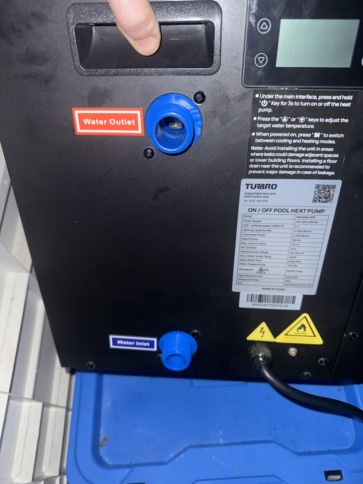 TURBRO 18,000 BTU Swimming Pool Heat Pump, Electric Pool Heater for Above-Ground Pools and Spas up to 6,000 Gallons, Titanium Heat Exchanger, 5.5 COP, IPX4-Waterproof, 110-120V, Manatee M18 - Customer Photo 1