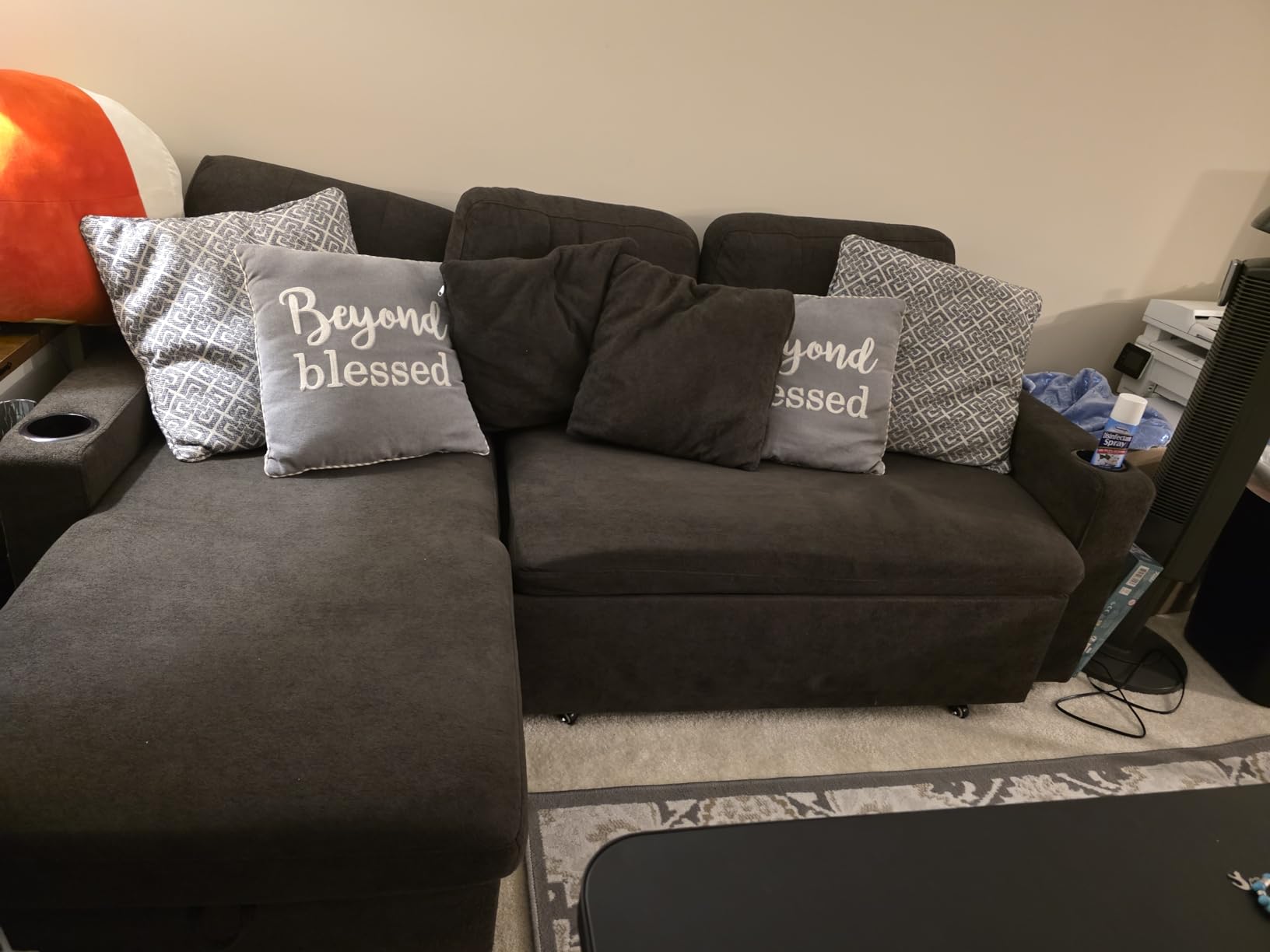 Reversible Sectional Sofa Couch, Sleeper Sofa Bed with Storage Chaise Pull Out Couch for Living Room | USB Charge | Cup Holder | Removable Backrest |Teddy Fabric (Darkgrey) - Customer Photo 2