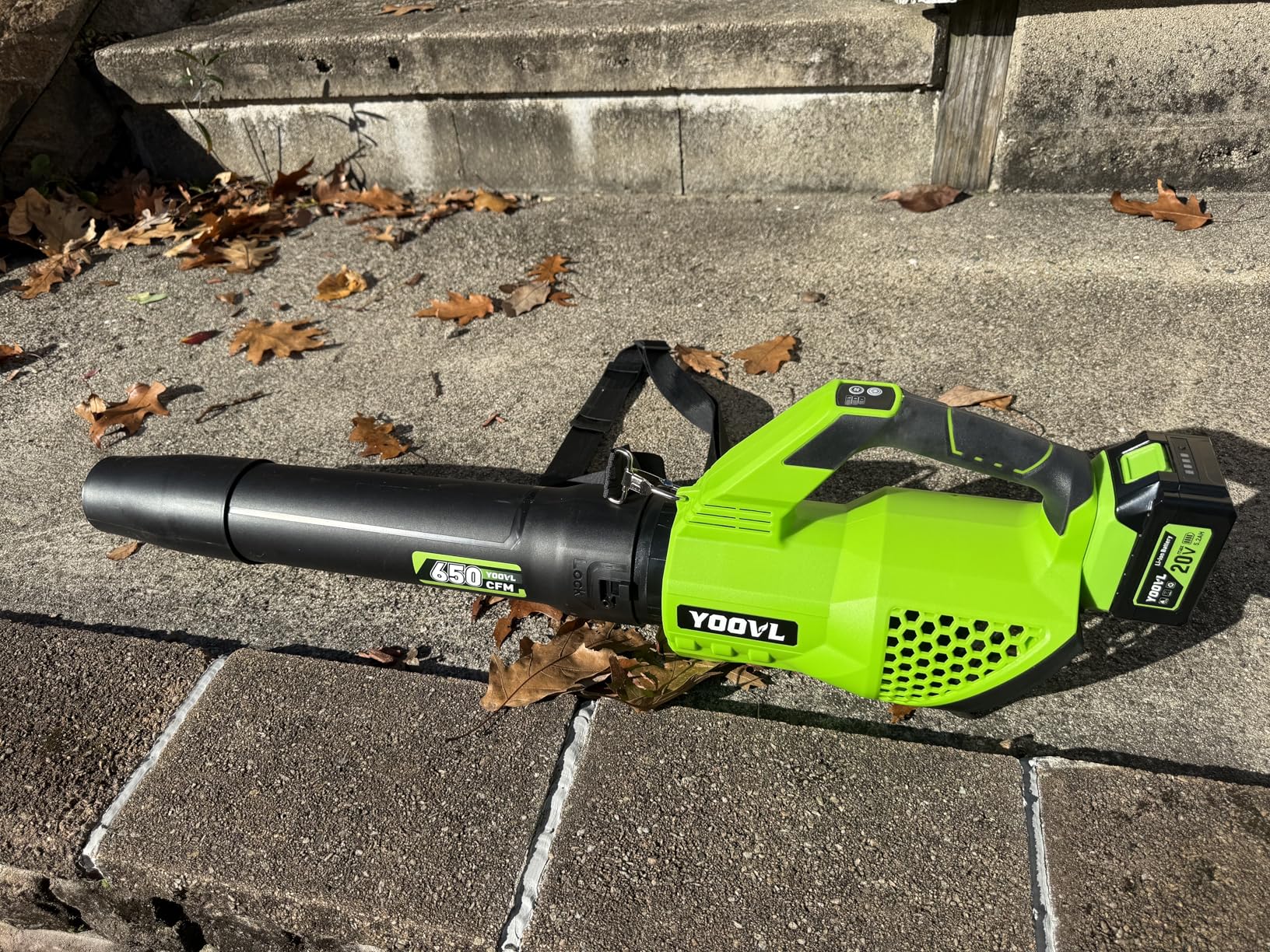 Leaf Blower Cordless, 650CFM Electric Leaf Blowers with 2 x 5.2Ah Batteries and Charger, 3 Speed Modes, 1 x Adjustable Shoulder Strap, Powerful Blowers for Lawn Care, Patio, Dust, Blowing Leaves - Customer Photo 1