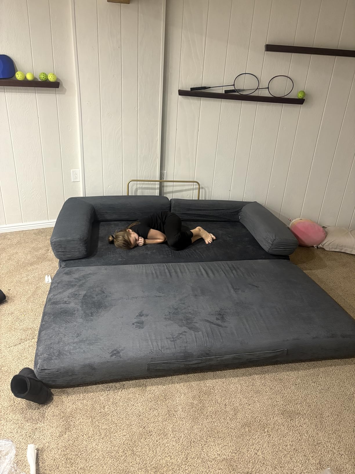 HANXIN Convertible Sleeper Sofa Bed, 78 Inch Folding Floor Mattress Couch with Fixed-Shape Frame, Futon Boneless Couch Lounge Loveseat with Pull Out Bed, No Assembly Required, Grey - Customer Photo 2