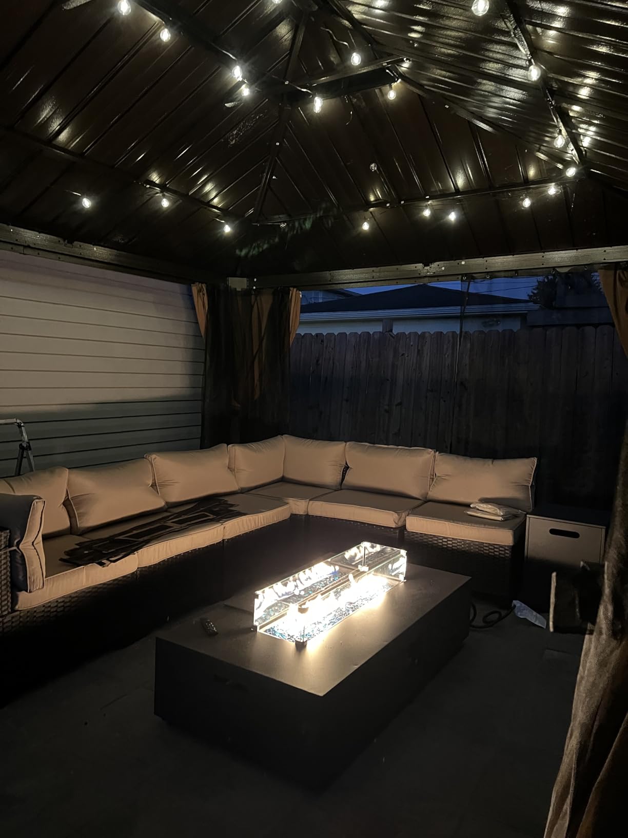 UPHA 56-inch Outdoor Propane Gas Fire Pit Table 50000 BTU Iron Rectangle Firepit for Outside Patio with Tank Hidden Table, Wind Guard, Removable Lid, Blue Glass Rocks, Rain Cover, Grey - Customer Photo 1