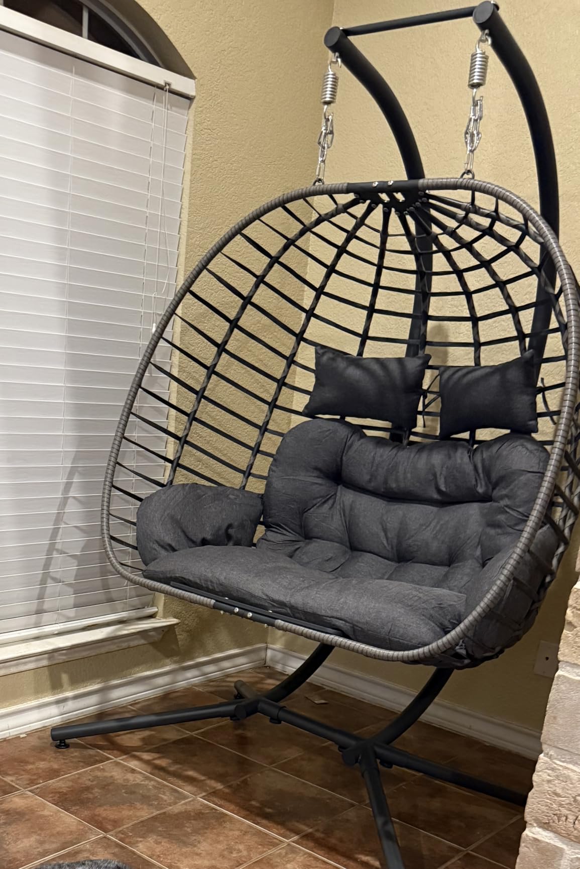SWITTE Double Hanging Egg Chair with Stand, Outdoor Patio 2 Person Wicker Hammock Swing Chairs with Cushion Loveseat for Indoor Bedroom, Lawn, Garden-Beige - Customer Photo 1