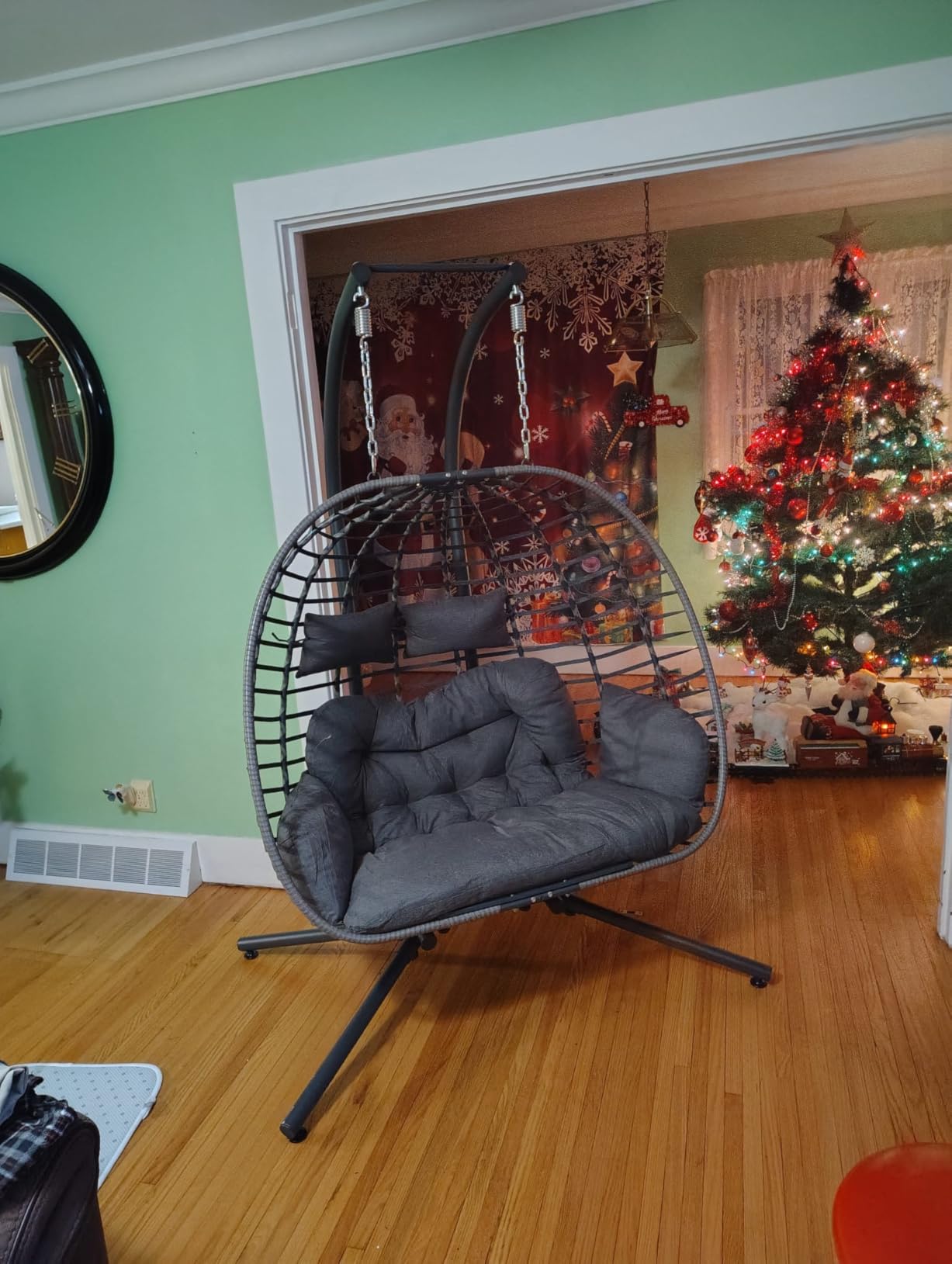 SWITTE Double Hanging Egg Chair with Stand, Outdoor Patio 2 Person Wicker Hammock Swing Chairs with Cushion Loveseat for Indoor Bedroom, Lawn, Garden-Beige - Customer Photo 2