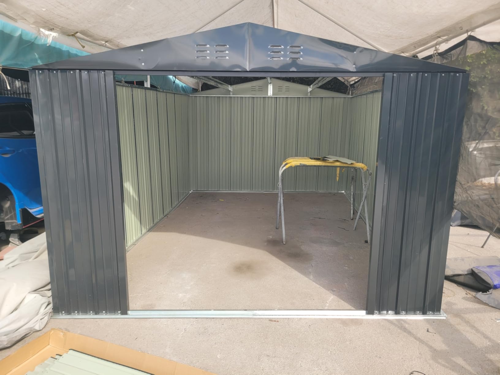 EASYHAWK 14 x 12FT Outdoor Storage Shed, Metal Waterproof Storage Shed Steel Utility Garden Tool Shed with Door & Lock Outdoor Storage,All-Weather Shelter for Bike, Gardening Tools, Lawn Mowers Customer Review EASYHAWK 14 x 12FT Outdoor Storage Shed, Metal Waterproof Storage Shed Steel Utility Garden Tool Shed with Door & Lock Outdoor Storage,All-Weather Shelter for Bike, Gardening Tools, Lawn Mowers - Customer Photo 5