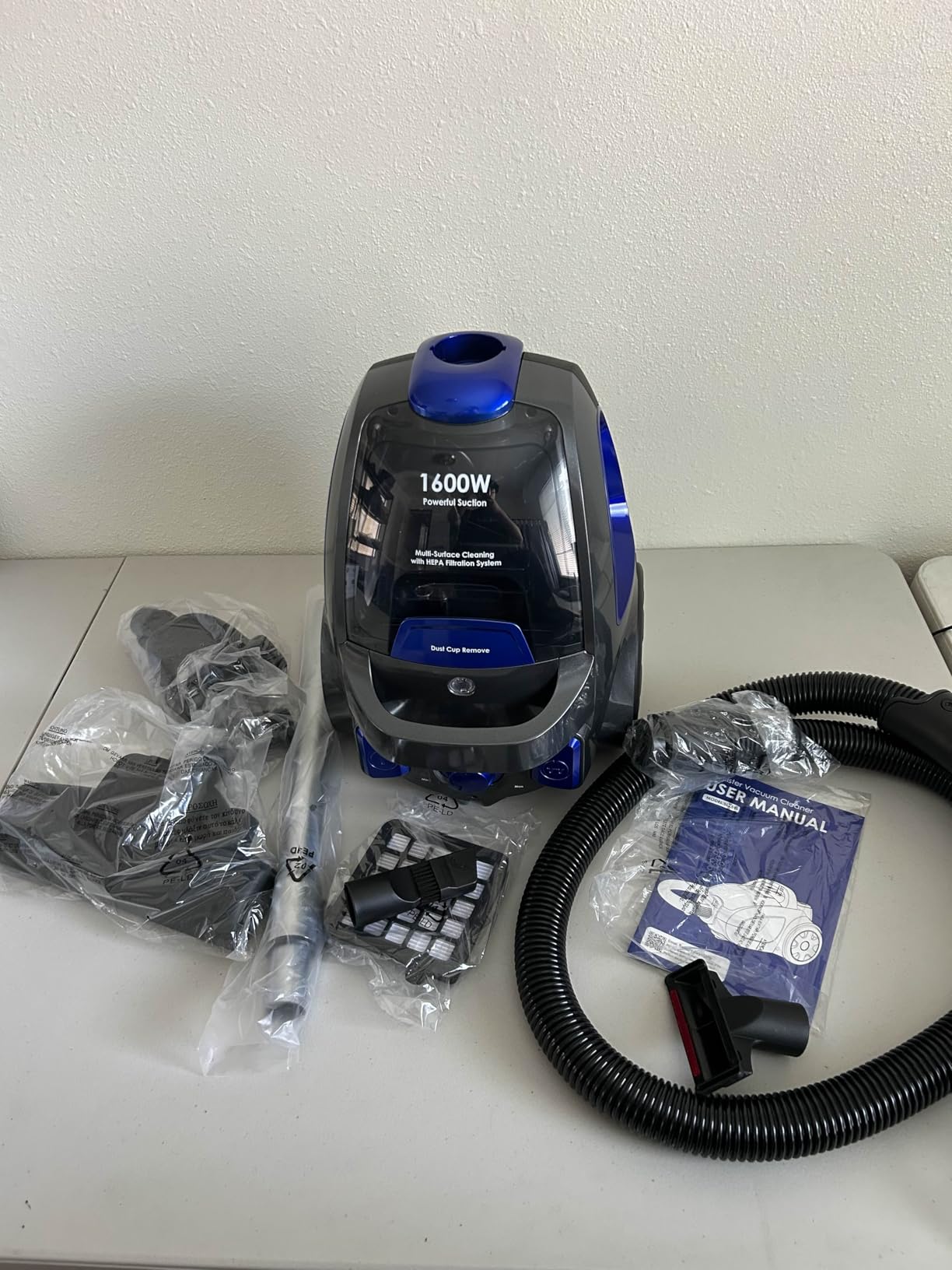 Canister Vacuum Cleaner, 40Kpa 1600W Cyclon Power Bagless Canister Vacuum Cleaners for Home, 3.7QT Large Dust Cup, Lightweight Vac for Hard Floors, Carpets, Pet Hair, Blue - Customer Photo 1