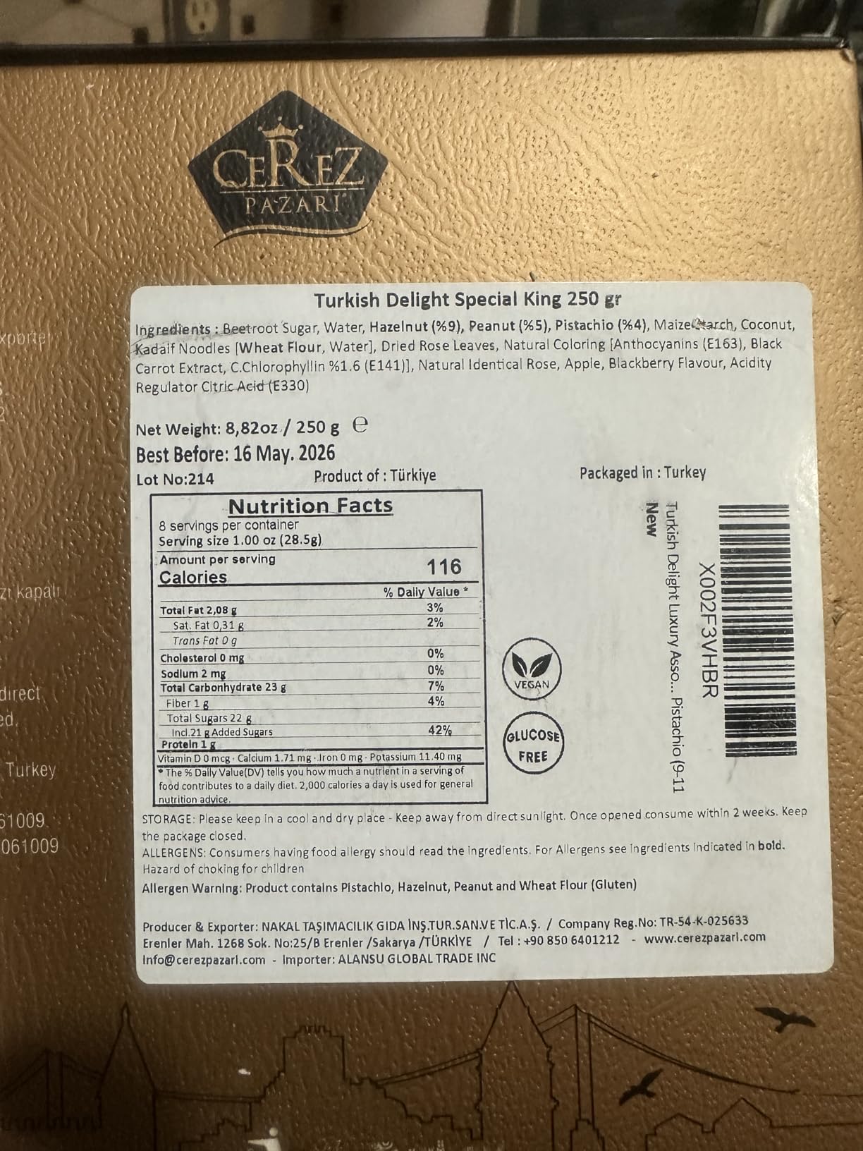 Cerez Pazari Turkish Delight Pistachio with Fantastic Rose & Pomegranate Flavour Experience in Luxury Gift Box 8.8 oz | Assorted Gourmet Soft Candy, Sweet Vegan Traditional Lokum (Loukoumi) (9-11 Pcs) - Customer Photo 2