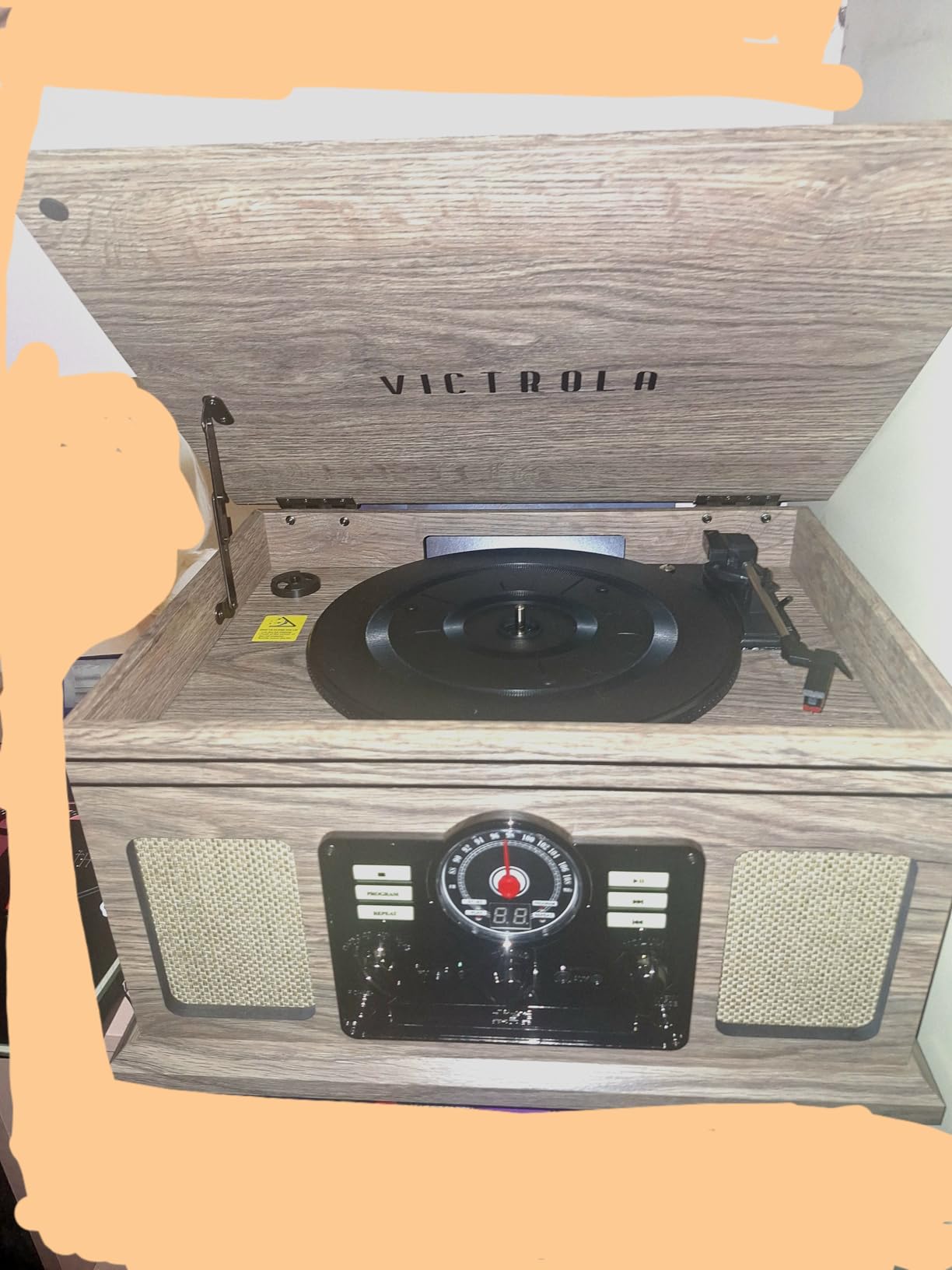 Victrola The Quincy 6-in-1 Bluetooth Record Player & Multimedia Center with Built-in Speakers - 3-Speed Turntable, CD & Cassette Player, AM/FM Radio, Wireless Music Streaming (Farmhouse Shiplap Grey) customer photo 1