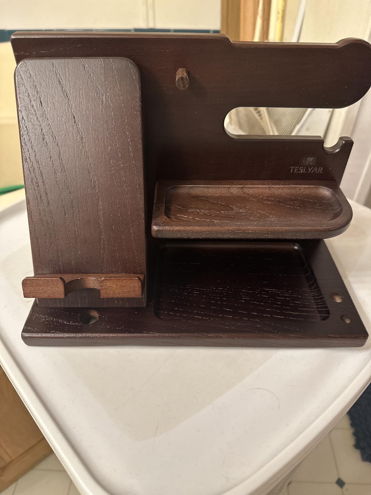 TESLYAR Wood Phone Docking Station for Men - Desk or Nightstand Organizer - Birthday Gifts for Husband, Dad - Anniversary Idea from Wife - Key Holder, Stand Wallet, Watch & Essentials (Bourbon Brown) - Customer Photo 1