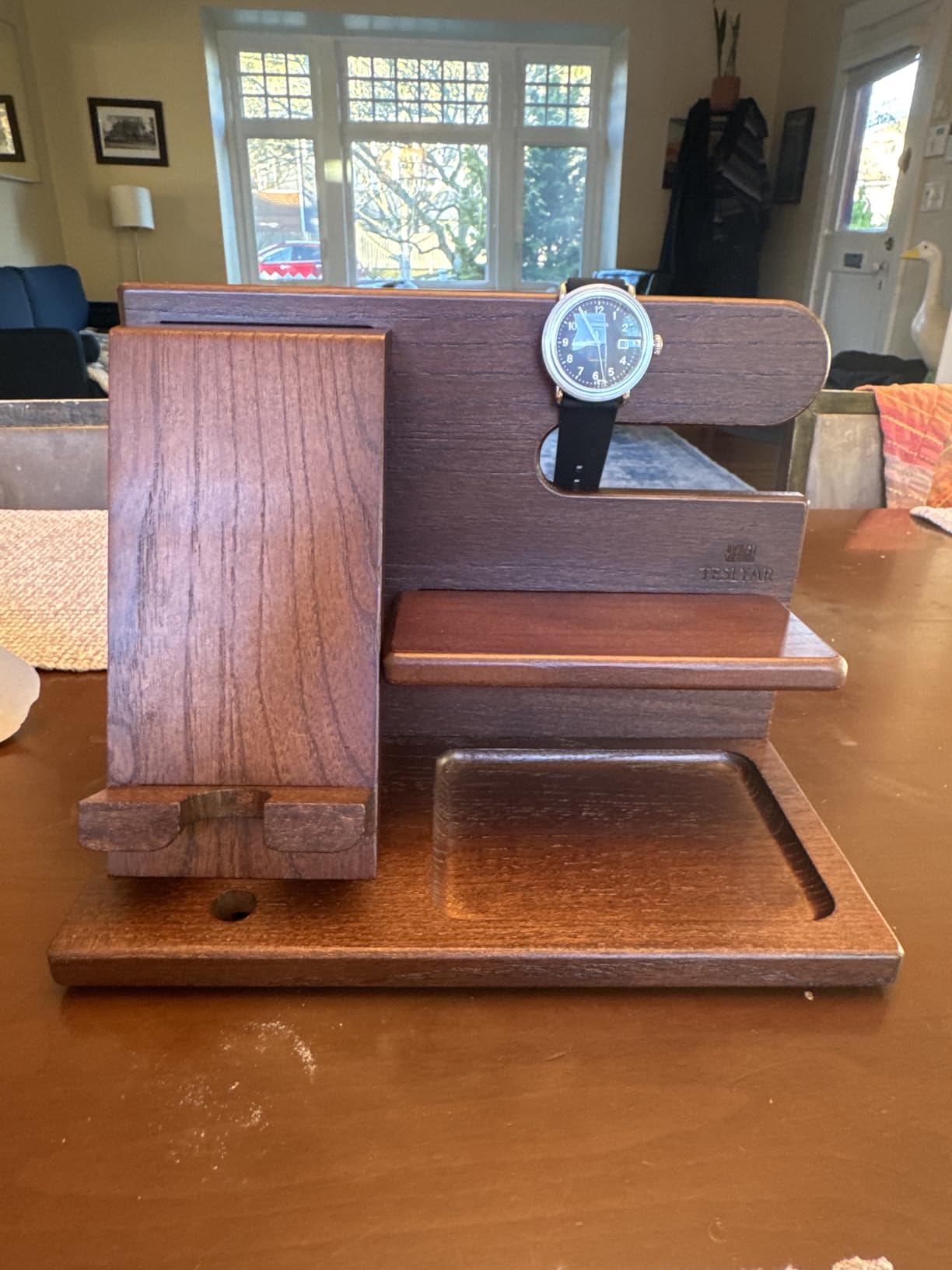 TESLYAR Wood Phone Docking Station for Men - Desktop or Nightstand Organizer - Birthday Gifts for Men, Dad - Anniversary Idea from Wife - Key Holder, Stand Wallet, Watch & Essentials (Bourbon Brown) - Customer Photo 1