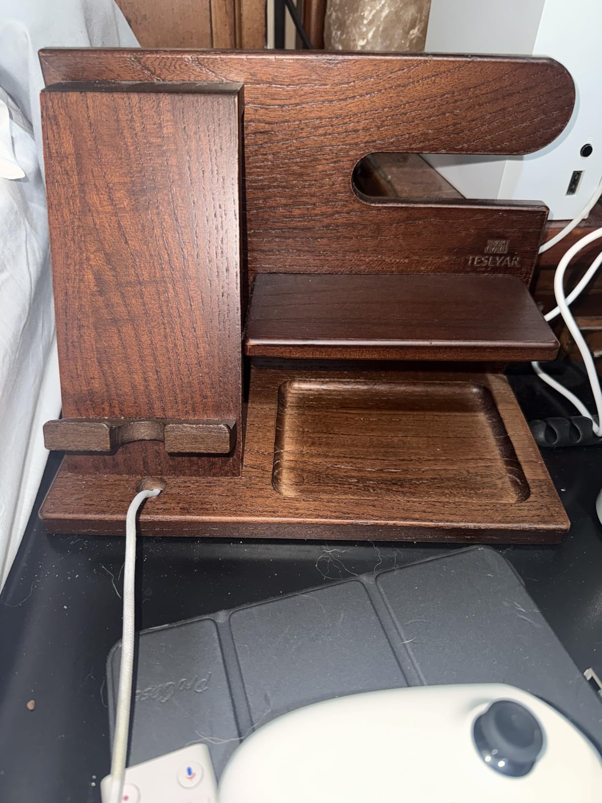 TESLYAR Wood Phone Docking Station for Men - Desktop or Nightstand Organizer - Birthday Gifts for Men, Dad - Anniversary Idea from Wife - Key Holder, Stand Wallet, Watch & Essentials (Bourbon Brown) - Customer Photo 2